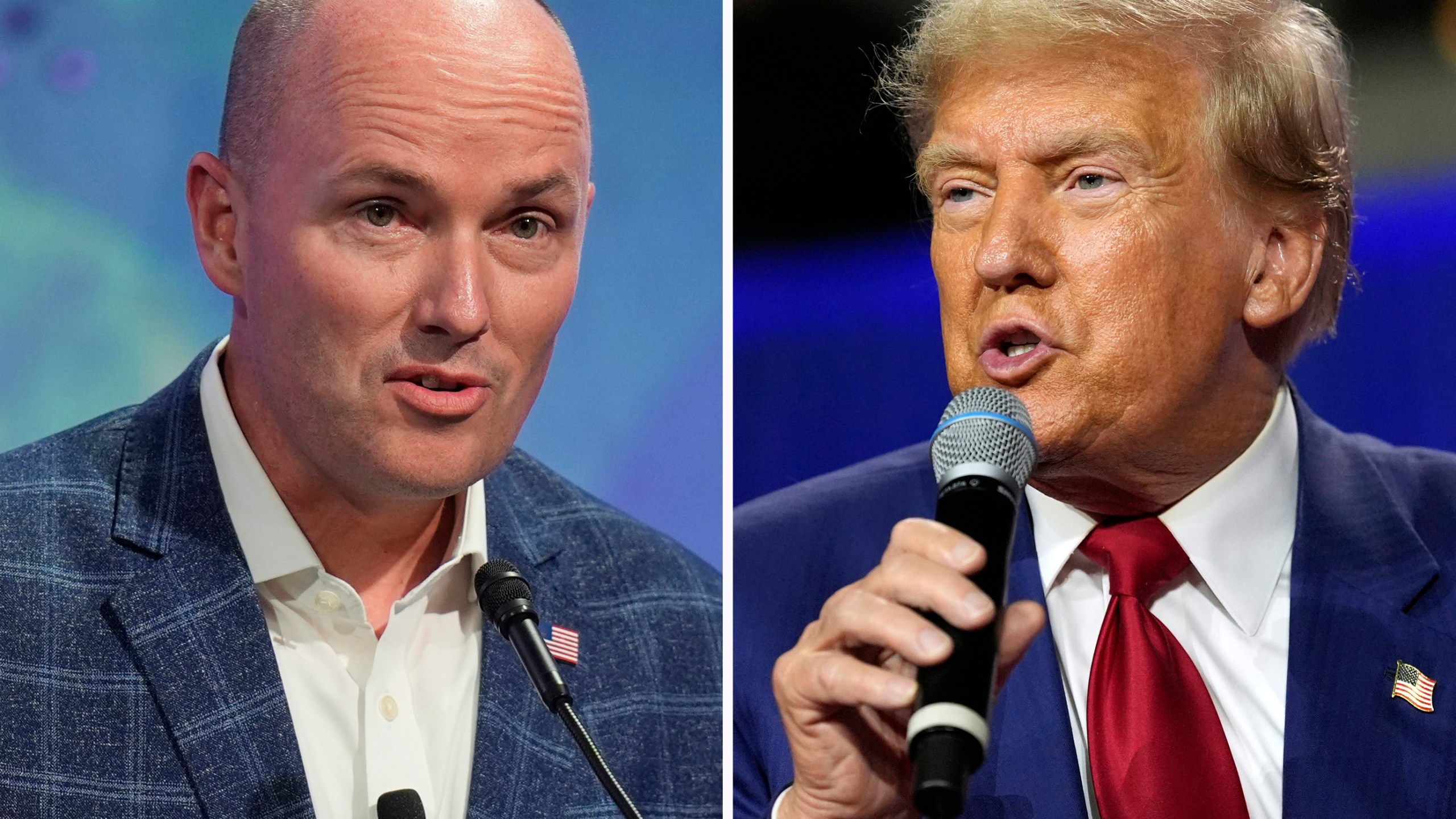 In this combination photo, Utah Gov. Spencer Cox speaks at the National Governors Association, July 11, 2024, in Salt Lake City, left, and Republican presidential nominee former President Donald Trump speaks during a town hall, Aug. 29, 2024, in La Crosse, Wis.. (AP Photo)