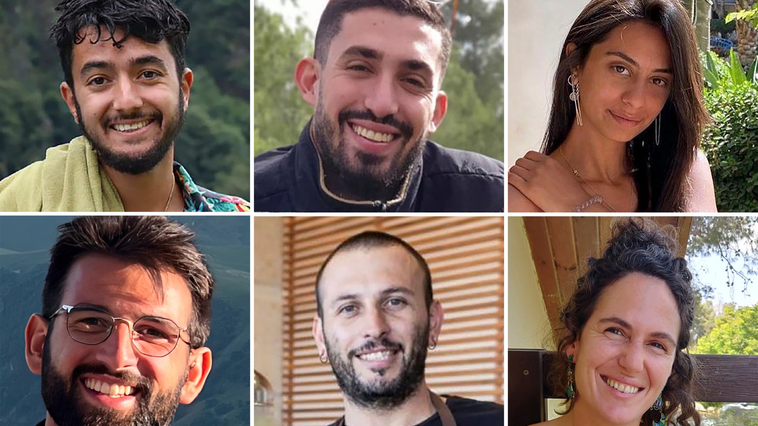 This combination of six undated photos shows hostages, from top left, Hersh Goldberg-Polin, Ori Danino, Eden Yerushalmi, from bottom left, Almog Sarusi, Alexander Lobanov, and Carmel Gat, who were held hostage by Hamas militants in Gaza. On Sunday, Sept. 1, 2024, the Hostages Families Forum announced their deaths while in Hamas captivity. (The Hostages Families Forum via AP)