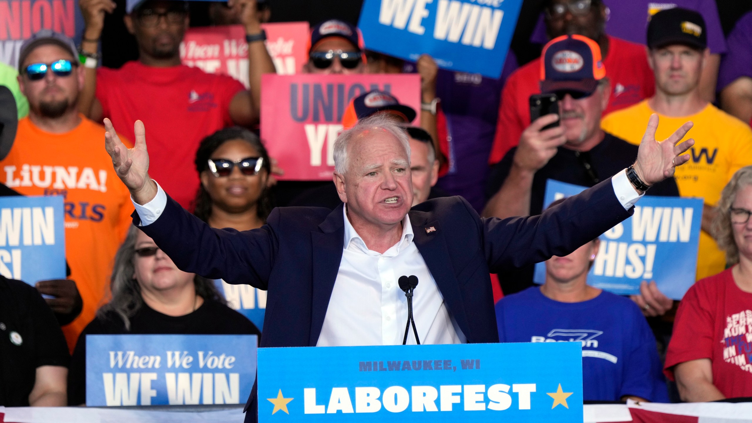 Democratic vice presidential nominee Minnesota Gov. Tim Walz speaks during a campaign stop at Laborfest Monday, Sept. 2, 2024, in Milwaukee. (AP Photo/Morry Gash)