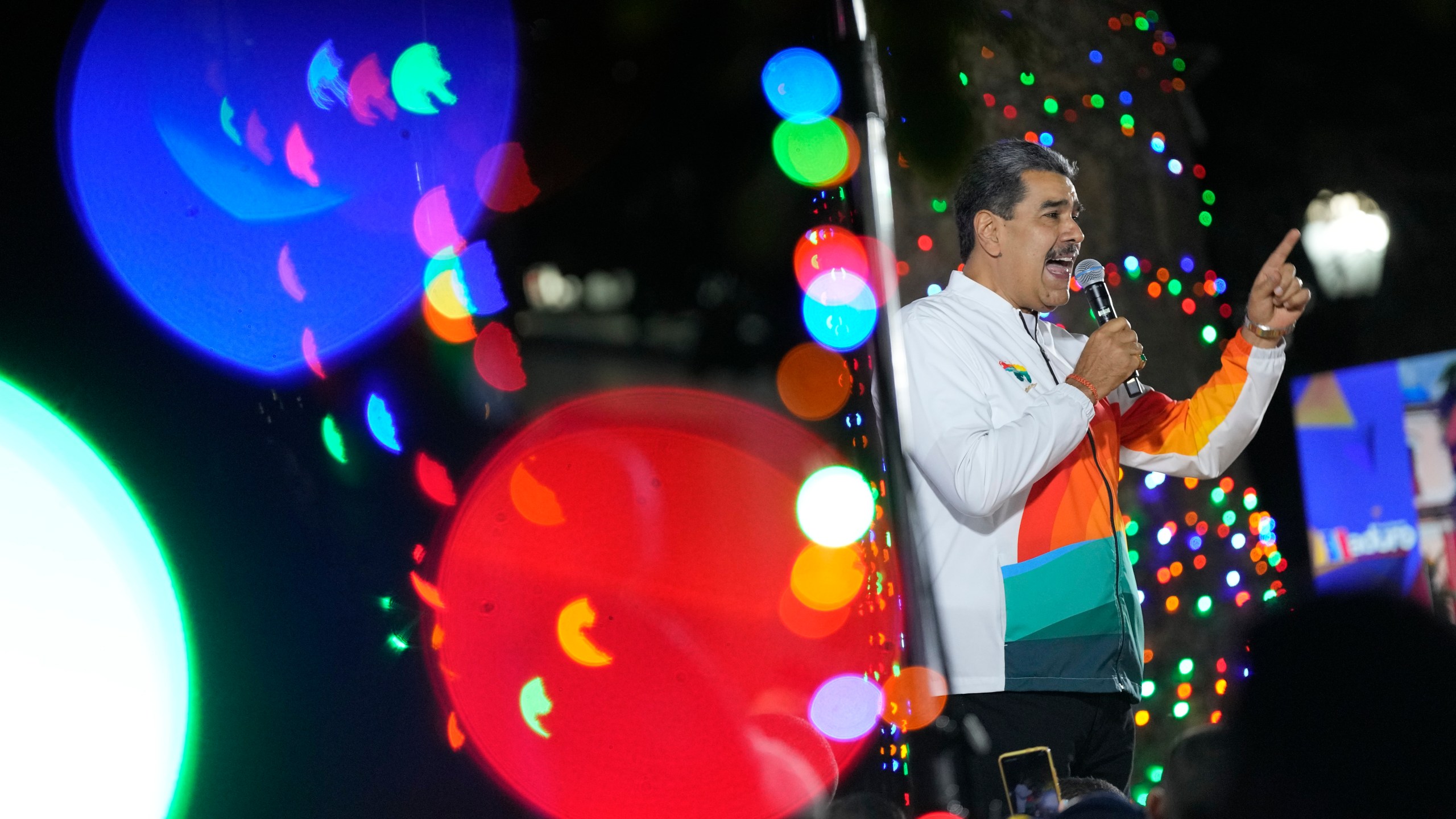 FILE - President Nicolas Maduro speaks to supporters in Caracas, Venezuela, Dec. 3, 2023. (AP Photo/Matias Delacroix, File)