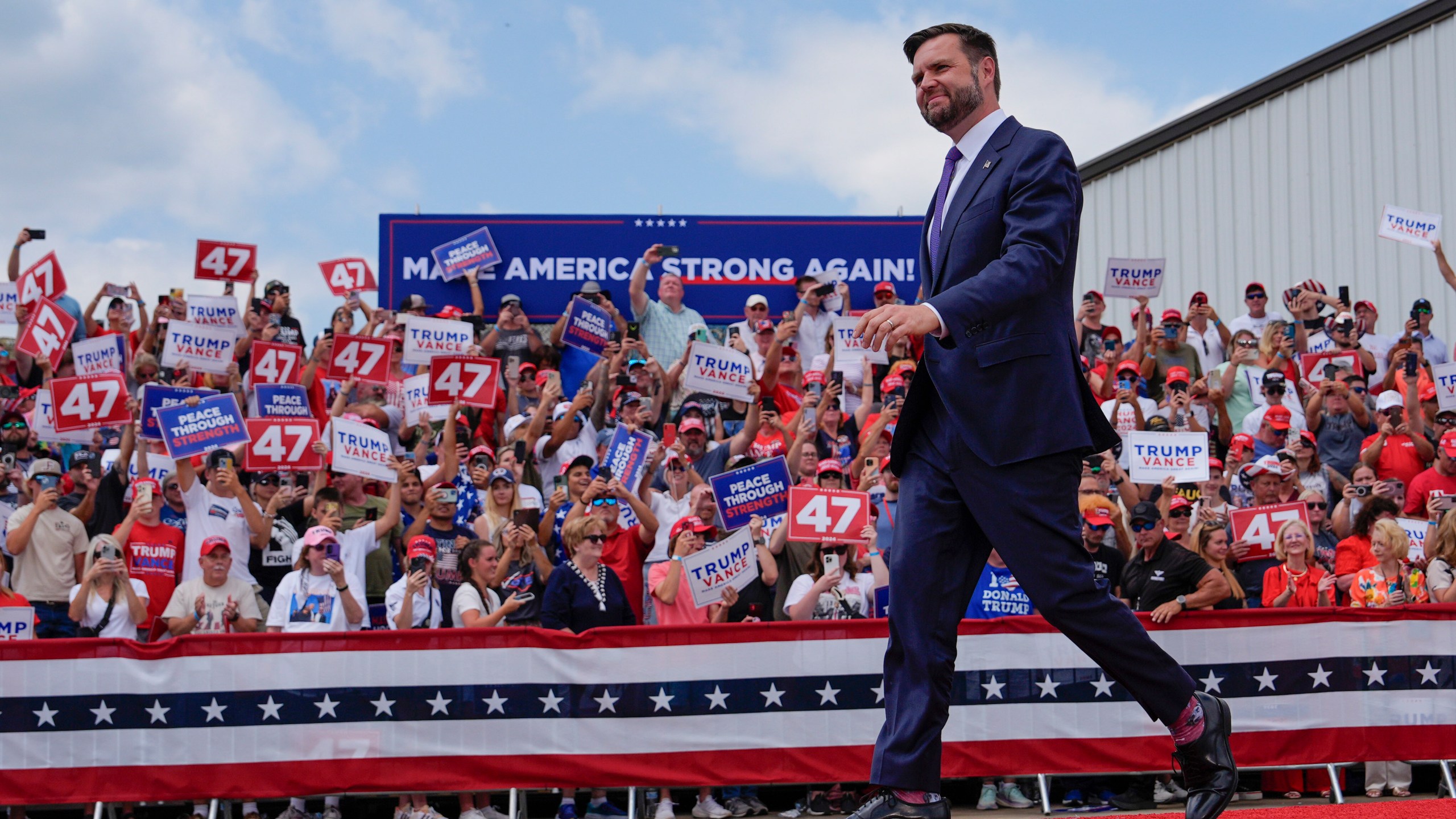 FILE - Republican vice presidential nominee Sen. JD Vance, R-Ohio, arrives at a campaign rally at North Carolina Aviation Museum, Aug. 21, 2024, in Asheboro, N.C. (AP Photo/Julia Nikhinson, File)