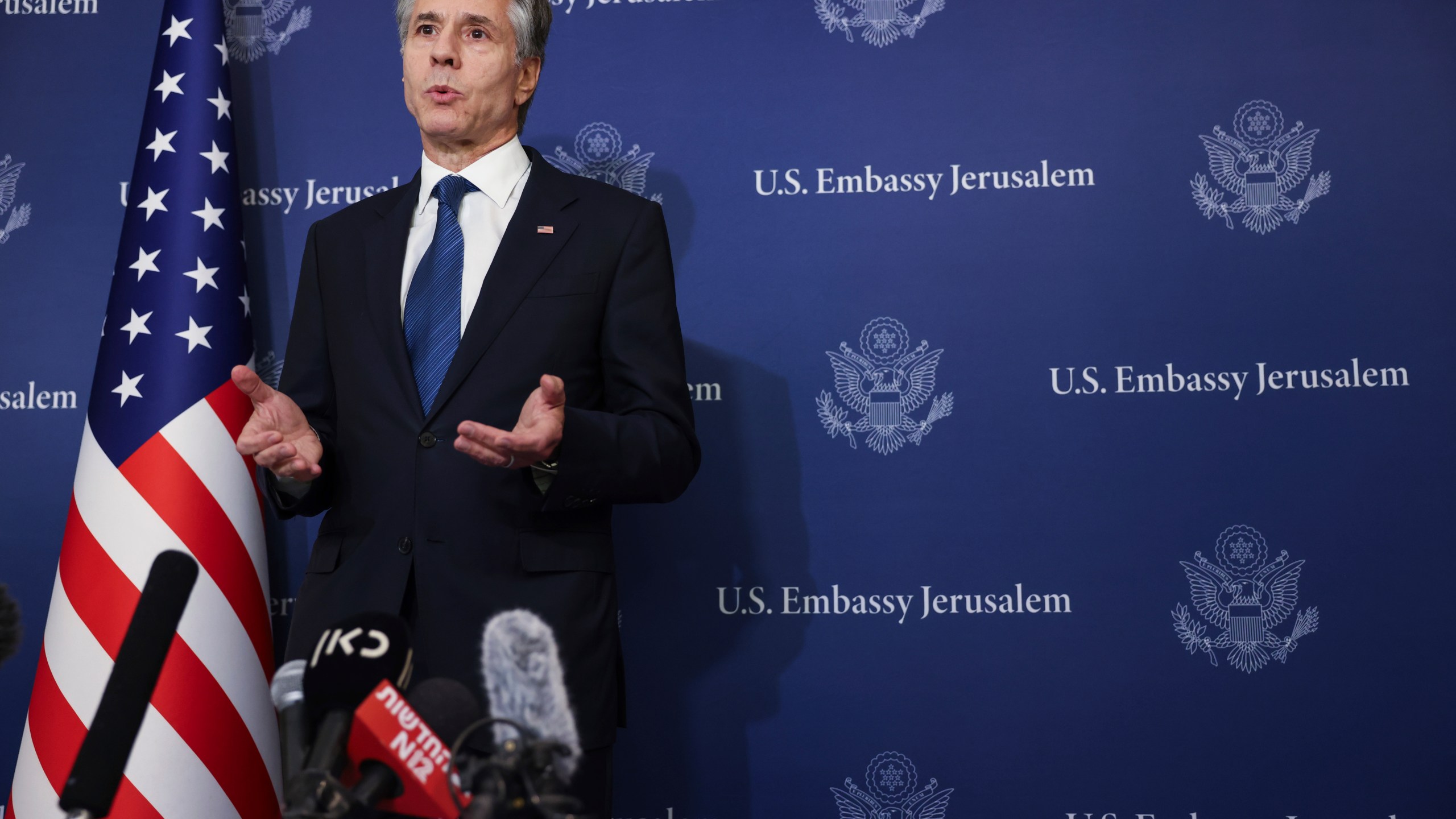 U.S. Secretary of State Antony Blinken speaks to media at the David Kempinski Hotel in Tel Aviv, Israel, Monday, Aug. 19, 2024. (Kevin Mohatt/Pool Photo via AP)