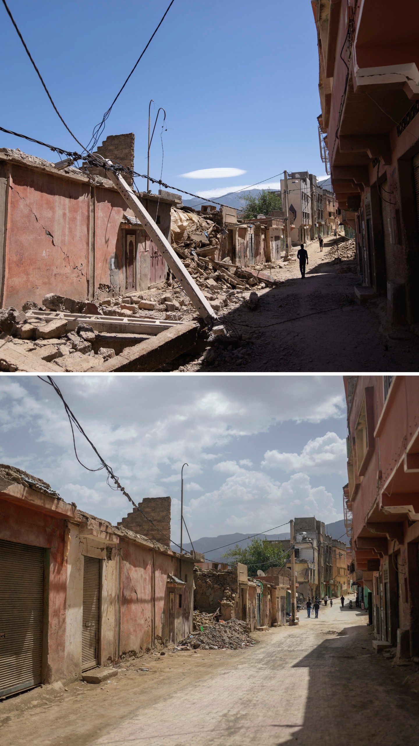 In this combination of photos, people walk past damage from an earthquake in the town of Amizmiz, Morocco, outside Marrakech, Sept. 10, 2023, and the same street on Sept. 4, 2024. (AP Photo/Mosa'ab Elshamy)