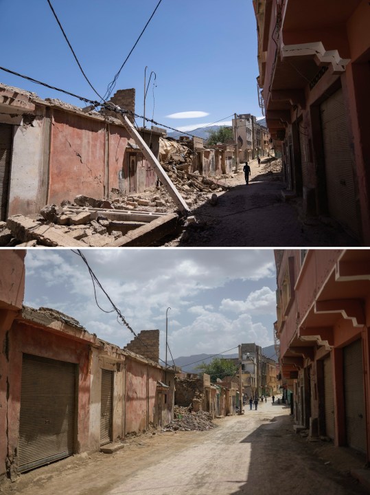 In this combination of photos, people walk past damage from an earthquake in the town of Amizmiz, Morocco, outside Marrakech, Sept. 10, 2023, and the same street on Sept. 4, 2024. (AP Photo/Mosa'ab Elshamy)