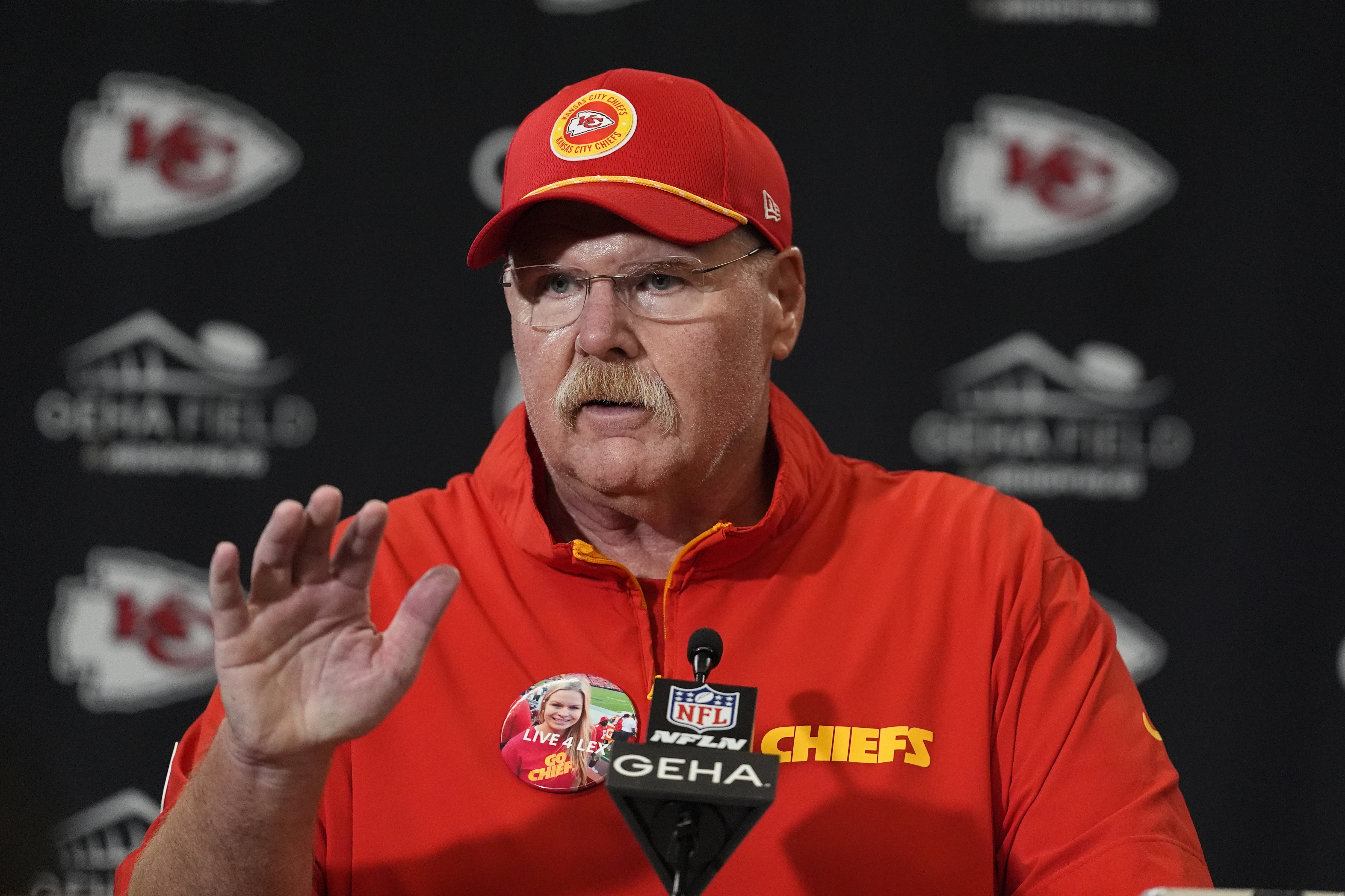 Kansas City Chiefs head coach Andy Reid speaks during a news conference following an NFL football game against the Baltimore Ravens Thursday, Sept. 5, 2024, in Kansas City, Mo. The Chiefs won 27-20. (AP Photo/Charlie Riedel)