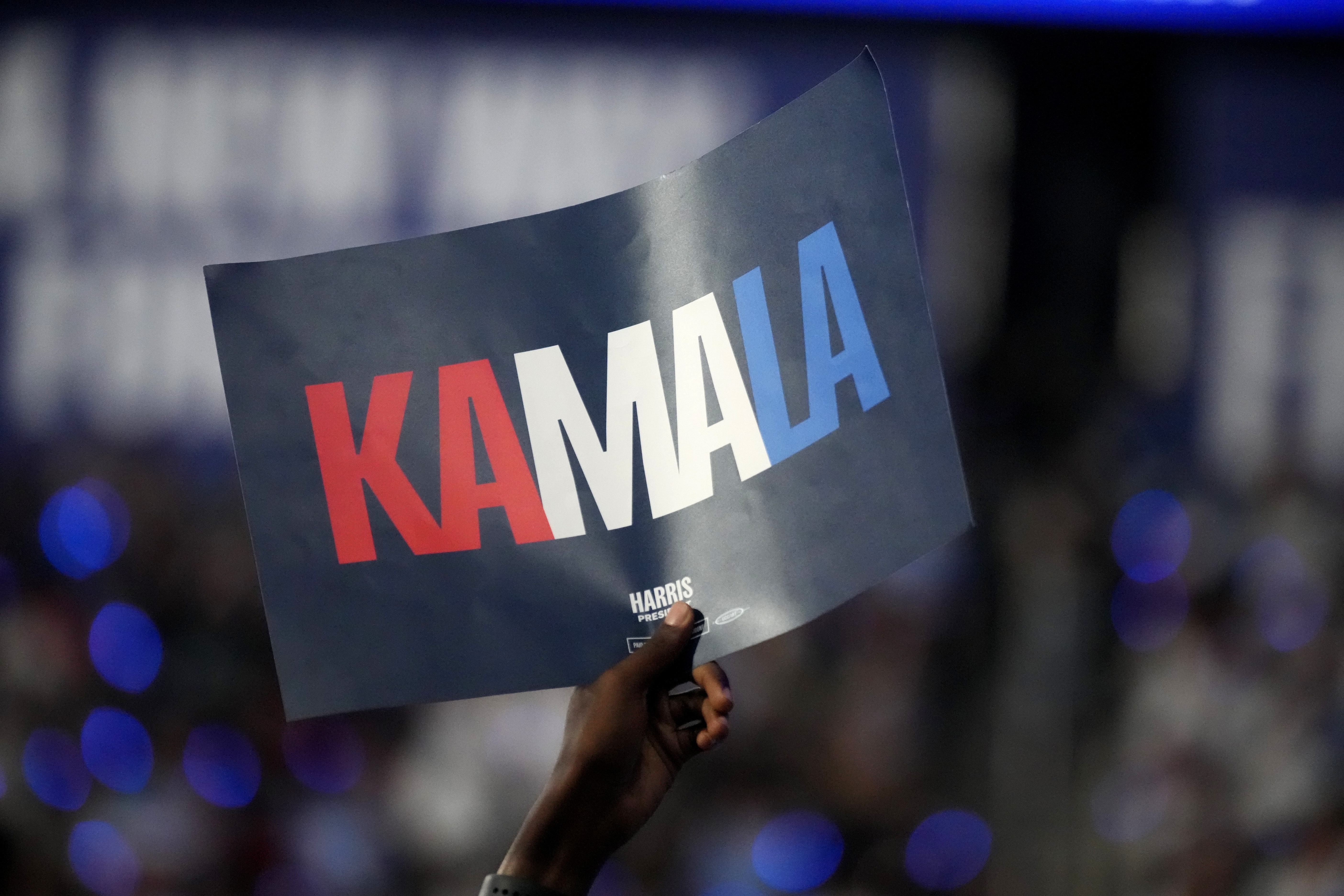 A supporter holds up a sign as Democratic presidential nominee Vice President Kamala Harris speaks during a campaign event, Thursday, Sept. 12, 2024, in Greensboro, N.C. (AP Photo/Chris Carlson)