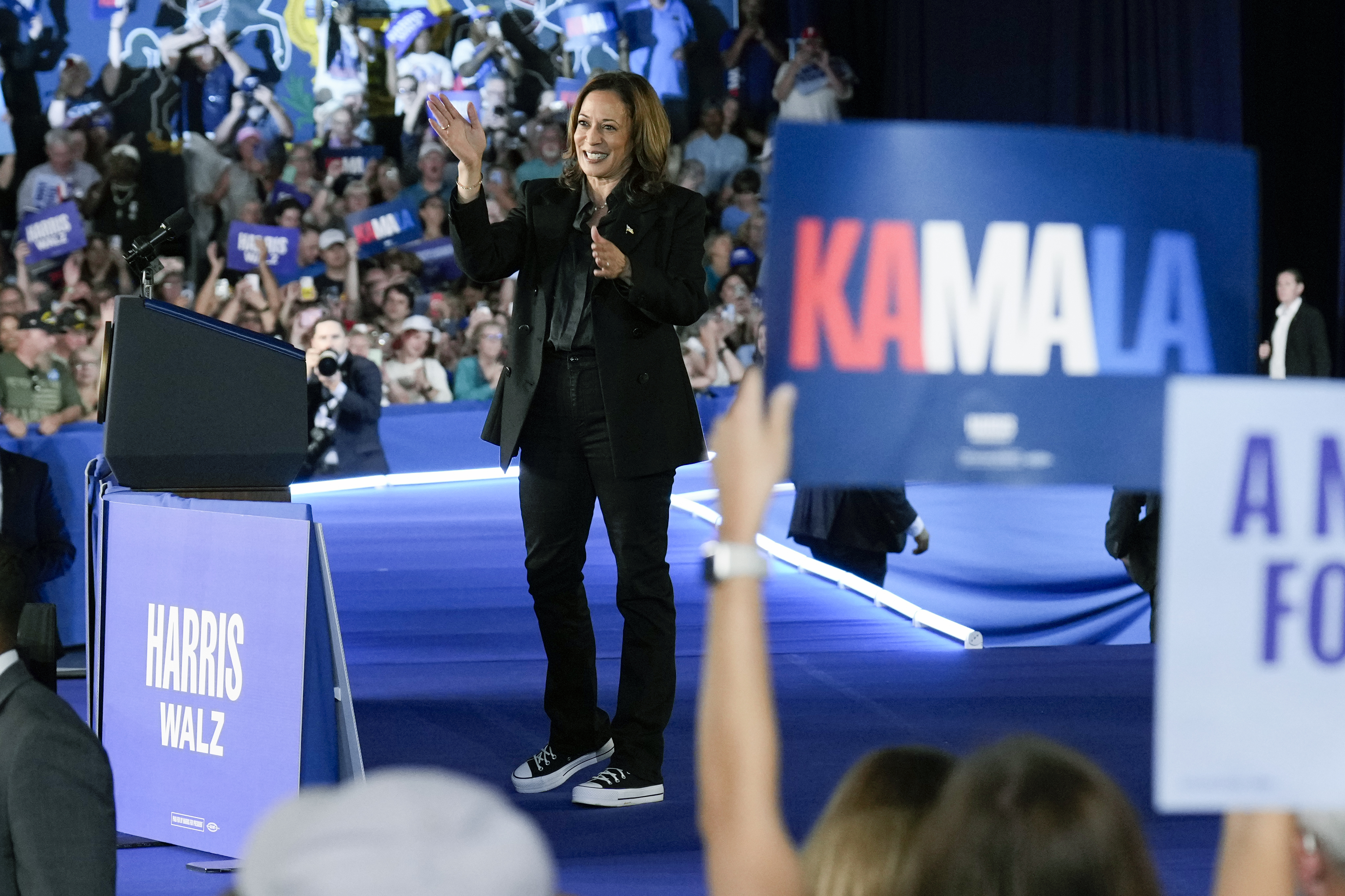 Democratic presidential nominee Vice President Kamala Harris during a campaign event, Friday, Sept. 13, 2024, Wilkes-Barre, Pa. (AP Photo/Jacquelyn Martin)