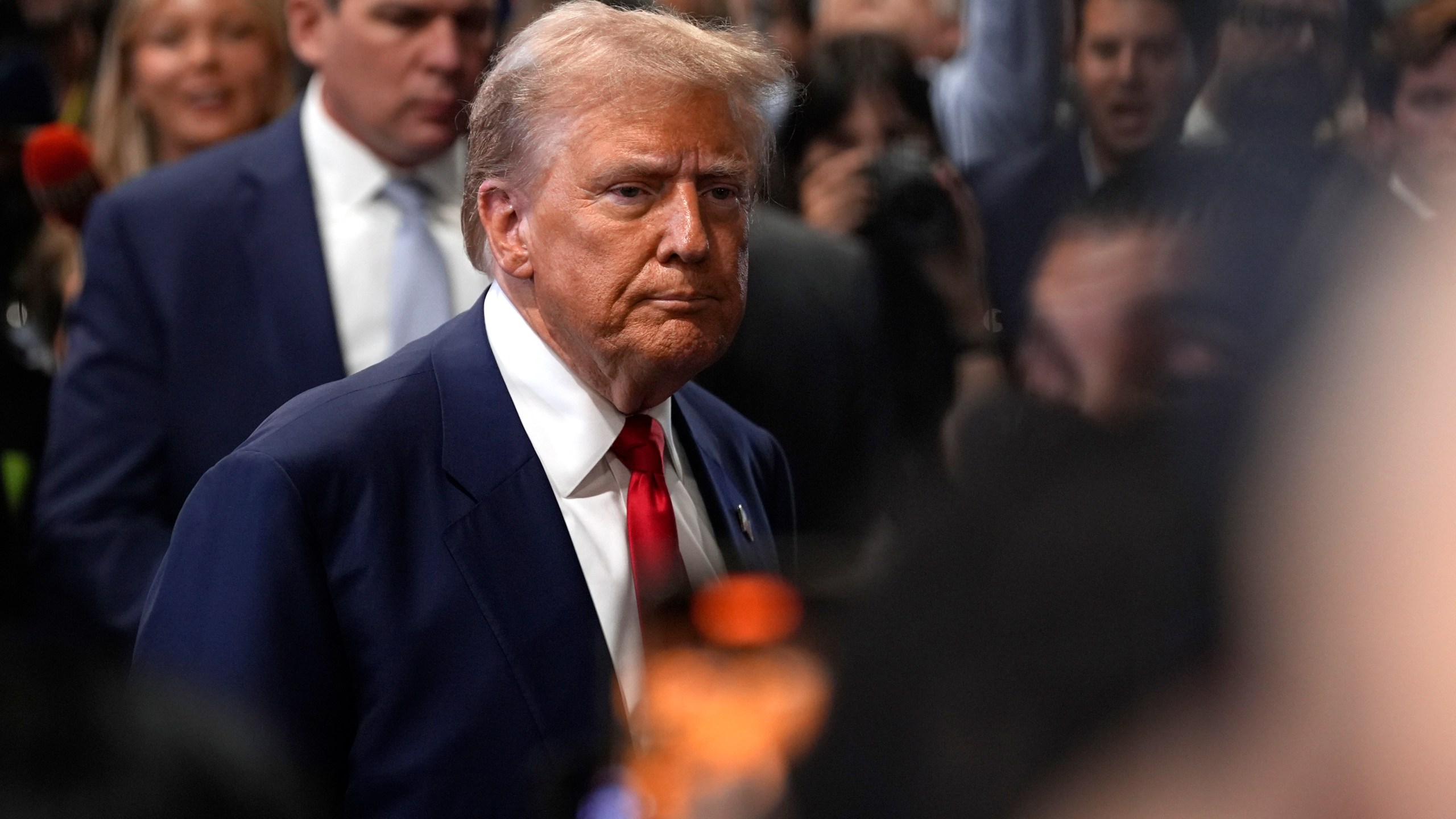 Republican presidential nominee former President Donald Trump speaks to reporters in the spin room after a presidential debate with Democratic presidential nominee Vice President Kamala Harris, Tuesday, Sept. 10, 2024, in Philadelphia. (AP Photo/Matt Slocum)