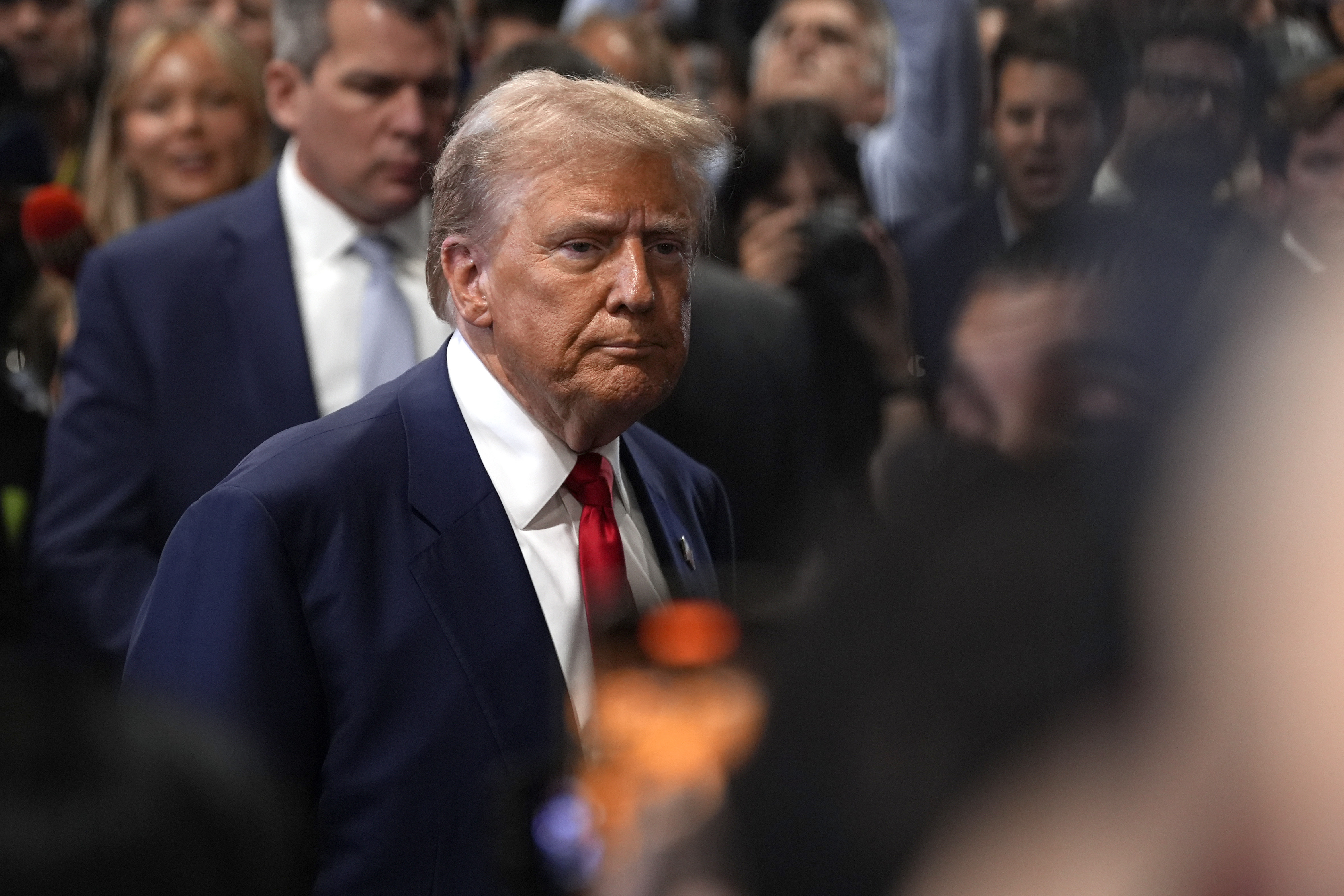 Republican presidential nominee former President Donald Trump speaks to reporters in the spin room after a presidential debate with Democratic presidential nominee Vice President Kamala Harris, Tuesday, Sept. 10, 2024, in Philadelphia. (AP Photo/Matt Slocum)