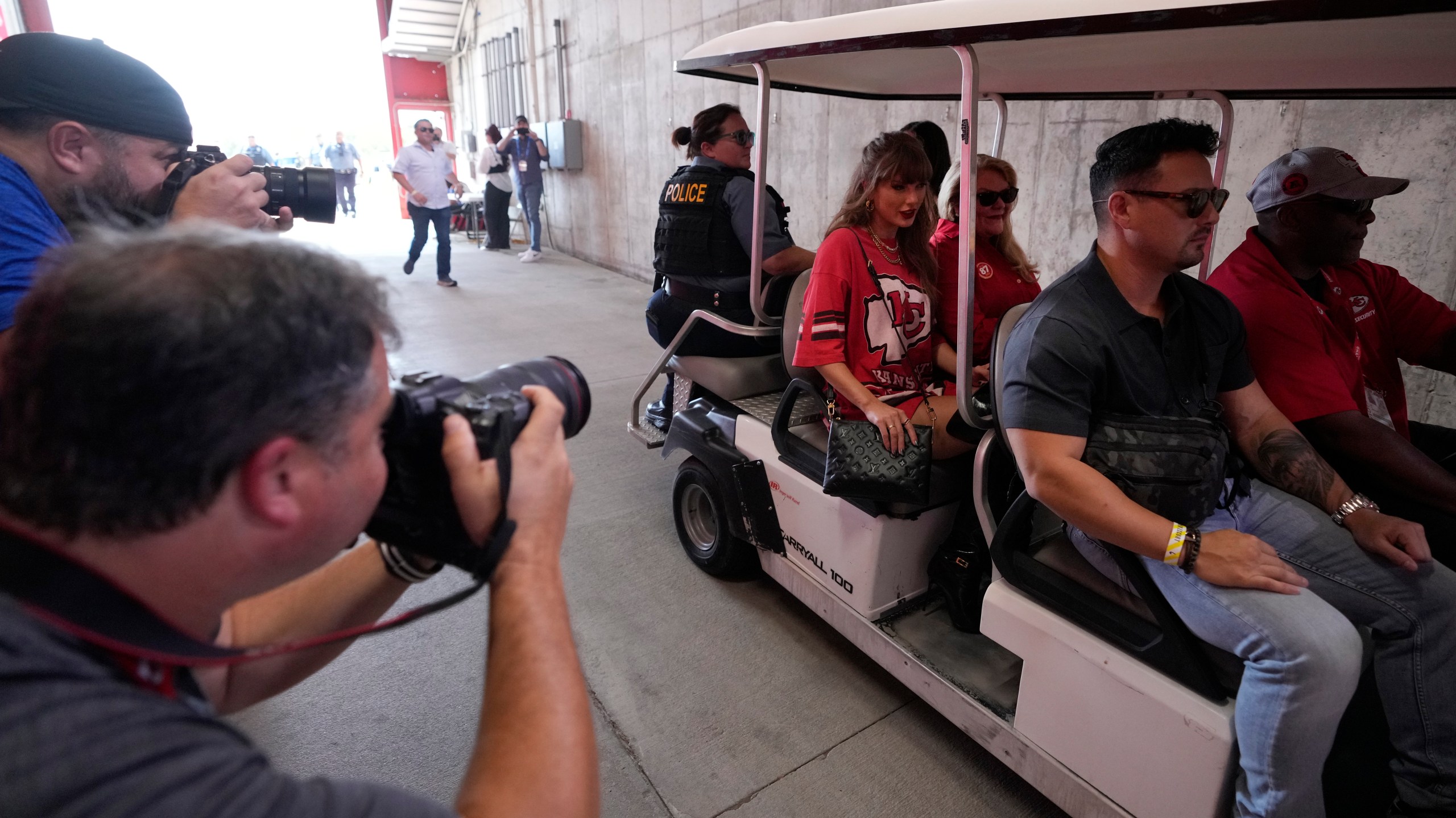 Taylor Swift arrives before the start of an NFL football game between the Kansas City Chiefs and the Cincinnati Bengals Sunday, Sept. 15, 2024, in Kansas City, Mo. (AP Photo/Charlie Riedel)