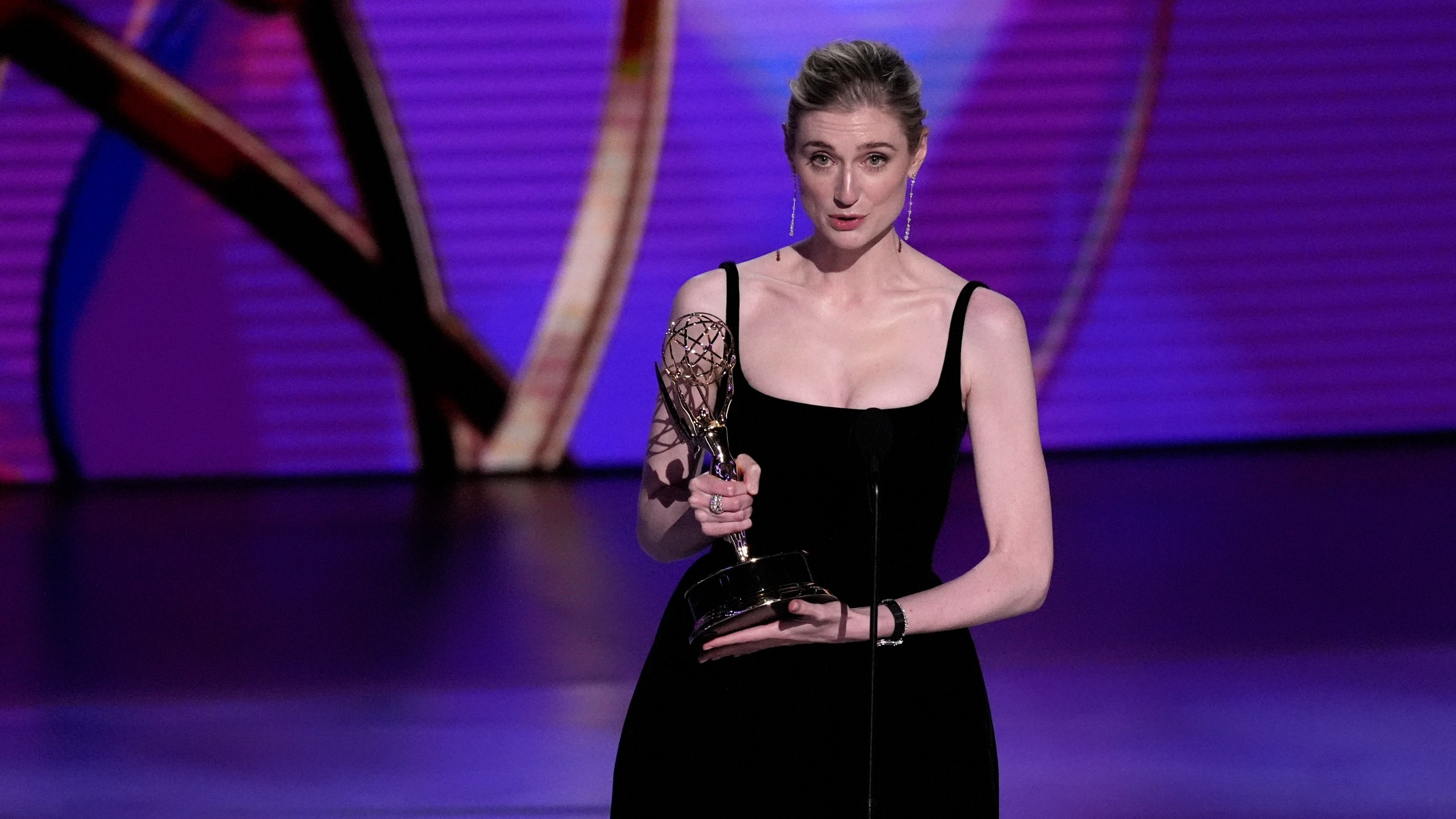 Elizabeth Debicki accepts the award for outstanding supporting actress in a drama series for "The Crown" during the 76th Primetime Emmy Awards on Sunday, Sept. 15, 2024, at the Peacock Theater in Los Angeles. (AP Photo/Chris Pizzello)