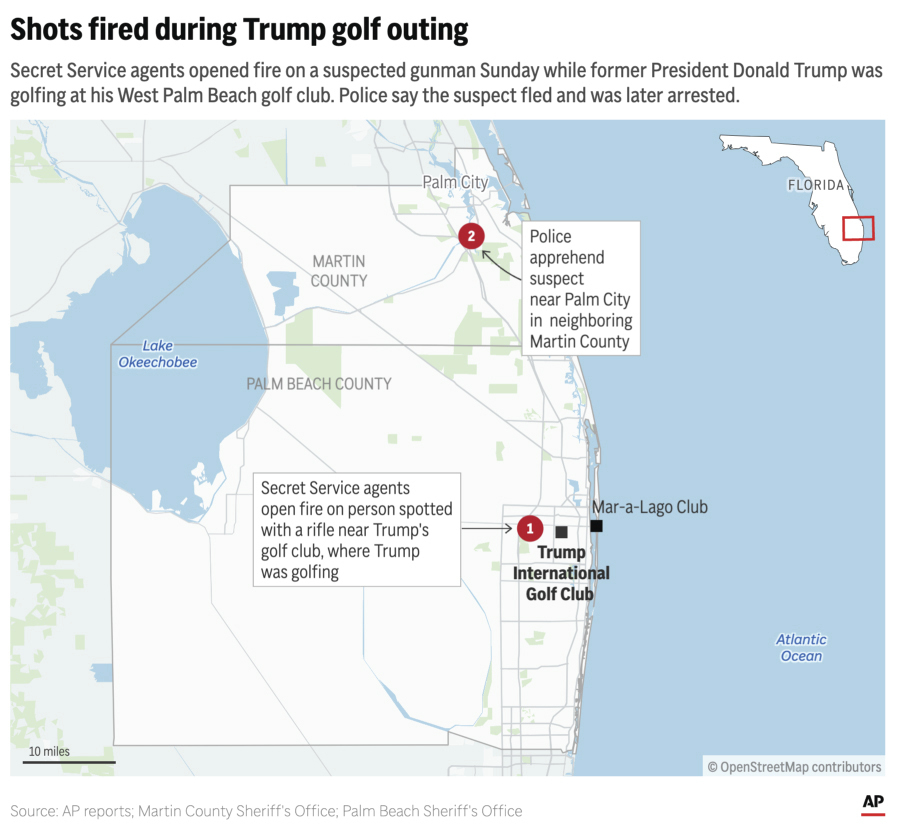 The FBI says former President Donald Trump was the target of an apparent assassination attempt Sunday while he was golfing at his West Palm Beach golf club. Trump was unharmed and a suspect was later taken into custody. (AP Digital Embed)