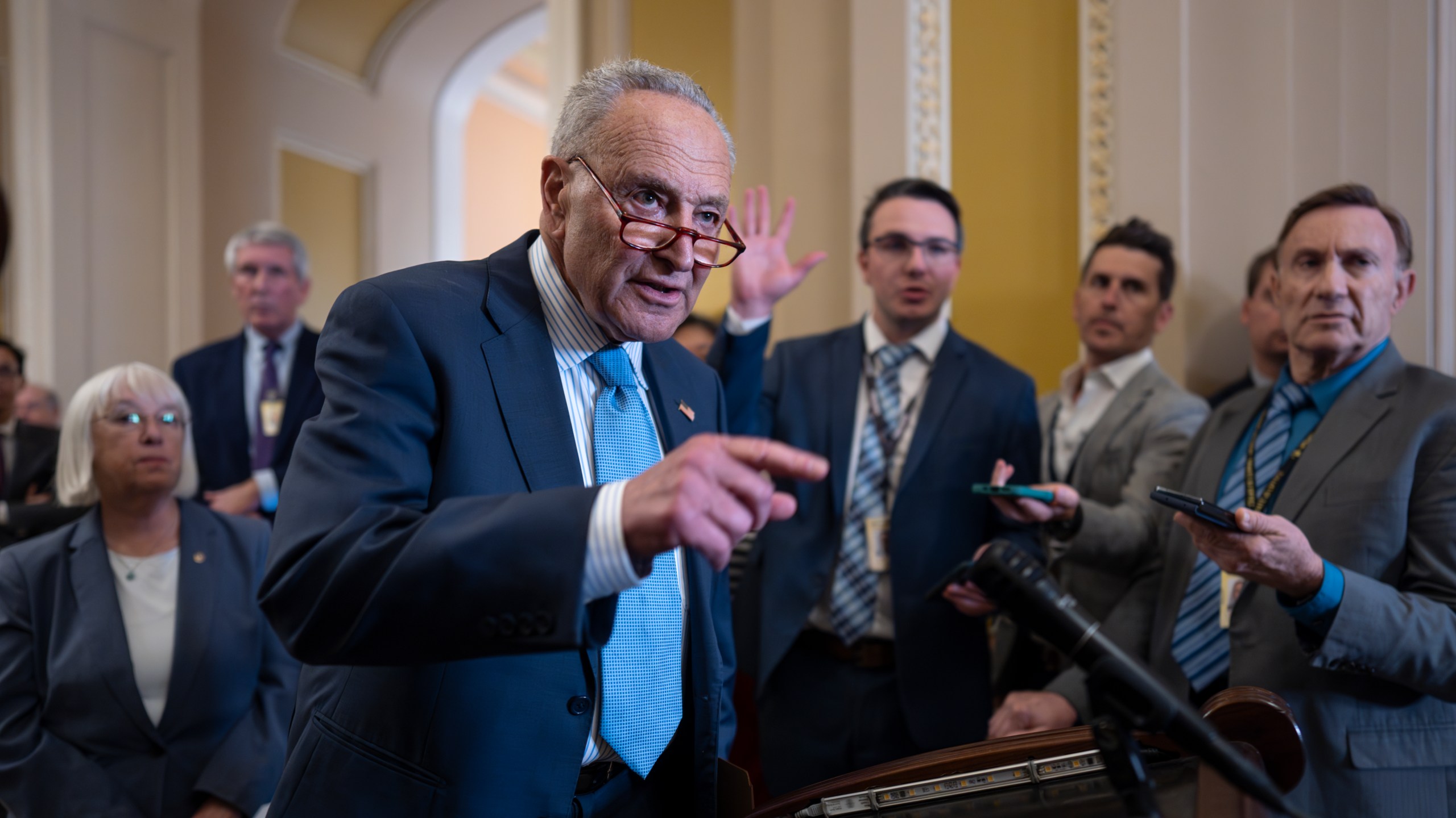 Senate Majority Leader Chuck Schumer, D-N.Y., speaks to reporters as the Senate prepares to vote for the second time this year on whether to consider legislation that would establish a nationwide right to in vitro fertilization, at the Capitol in Washington, Tuesday, Sept. 17, 2024. (AP Photo/J. Scott Applewhite)