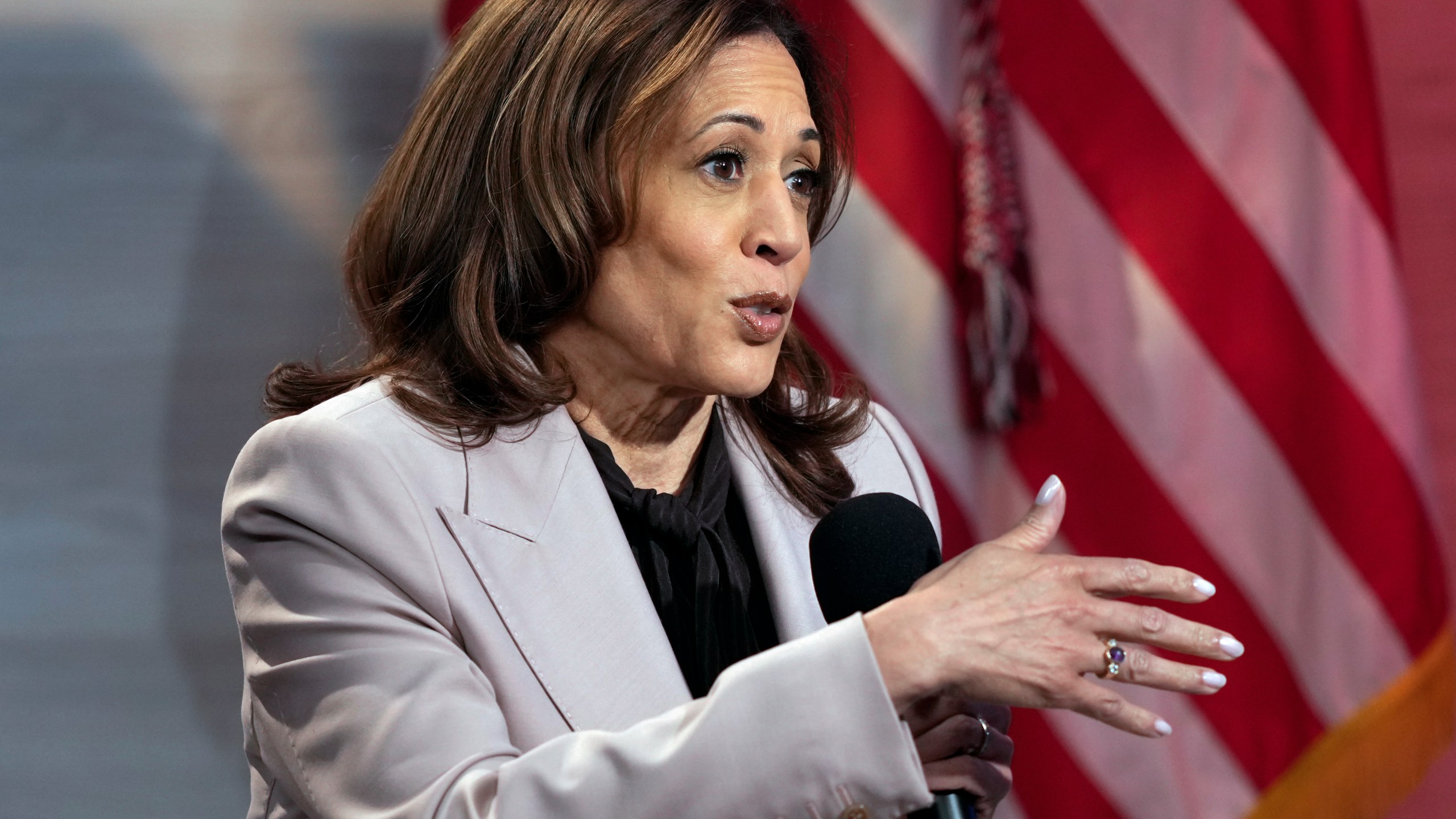 Democratic presidential nominee Vice President Kamala Harris Vice is interviewed by National Association of Black Journalists members Tonya Mosley, and Gerren Keith Gaynor, with moderator Eugene Daniels, at the WHYY studio in Philadelphia, Tuesday, Sept. 17, 2024. (AP Photo/Matt Rourke)