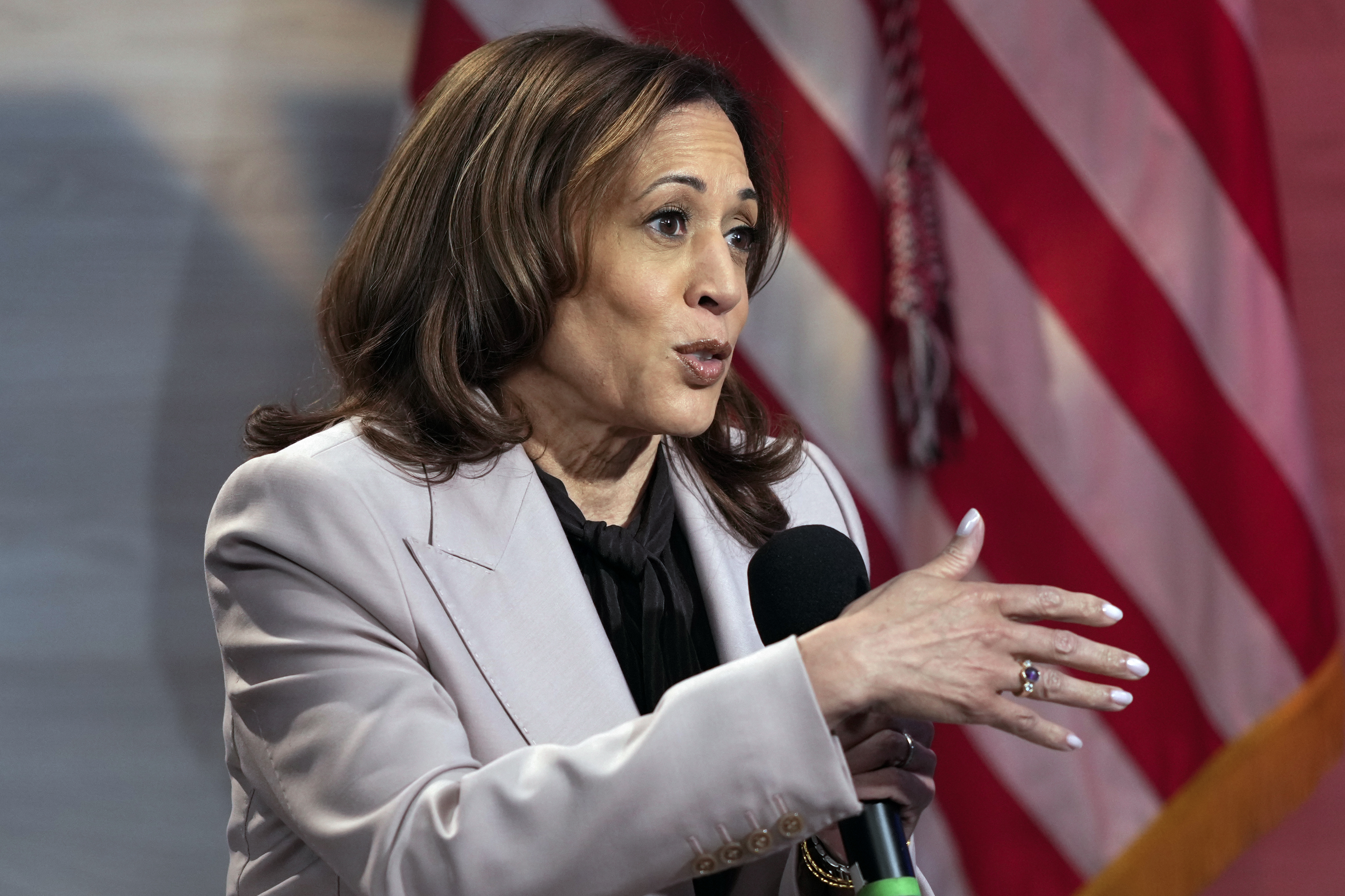 Democratic presidential nominee Vice President Kamala Harris Vice is interviewed by National Association of Black Journalists members Tonya Mosley, and Gerren Keith Gaynor, with moderator Eugene Daniels, at the WHYY studio in Philadelphia, Tuesday, Sept. 17, 2024. (AP Photo/Matt Rourke)