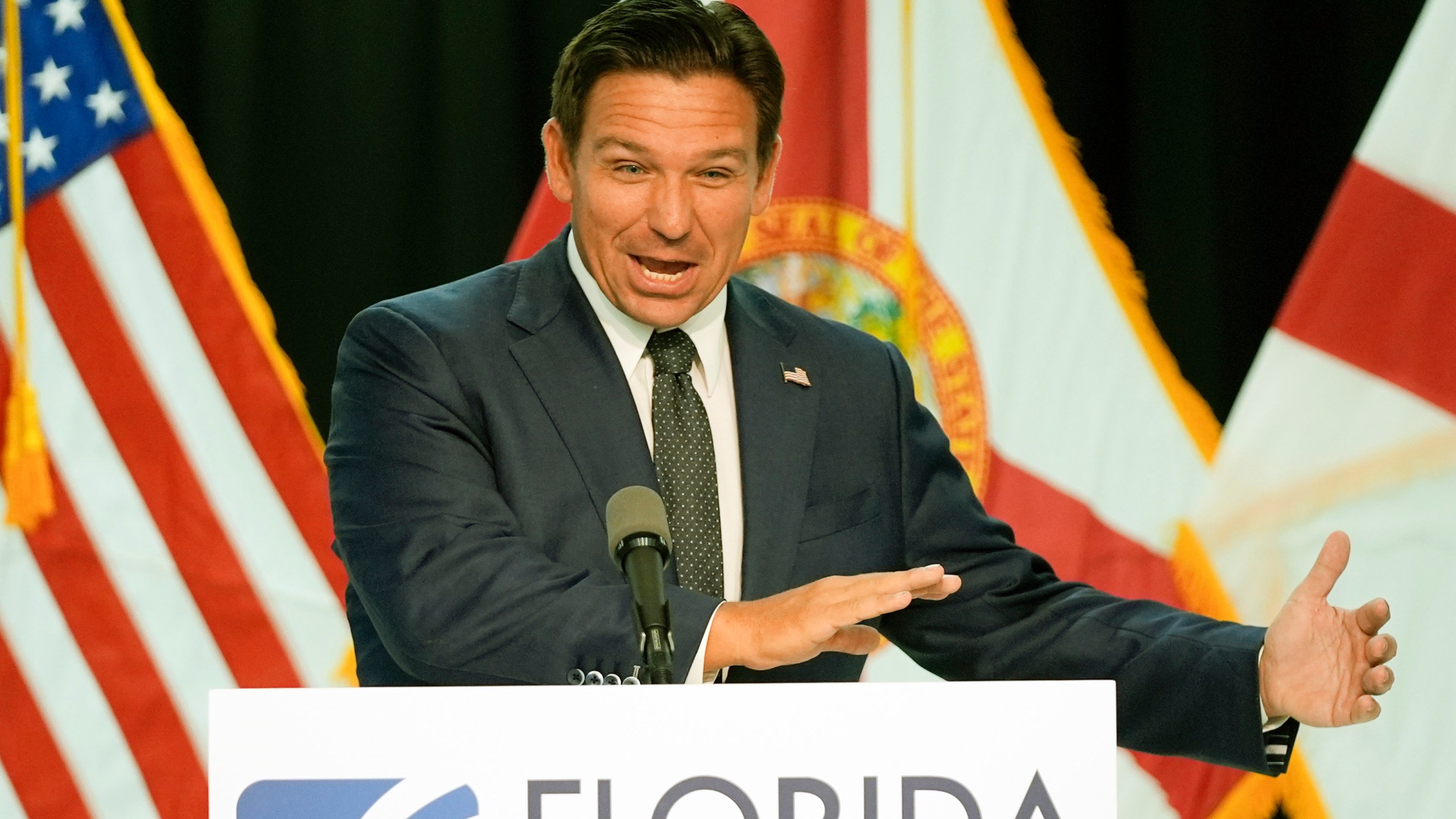 Florida Gov. Ron DeSantis delivers remarks and answers questions at a news conference Monday, Sept. 16, 2024, in Orlando, Fla. (AP Photo/John Raoux)