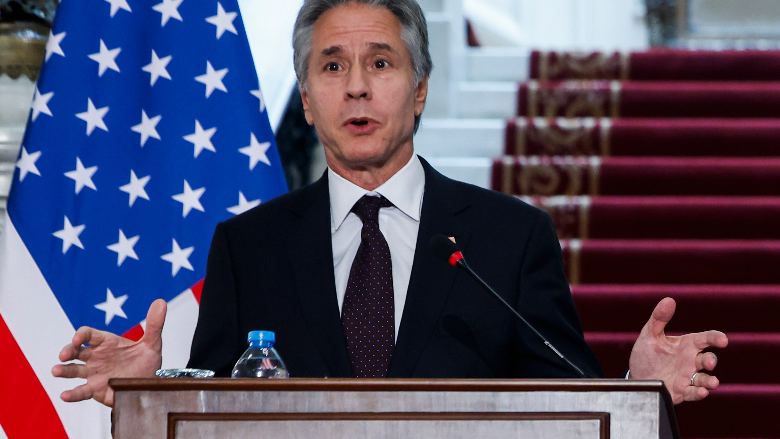 U.S. Secretary of State Antony Blinken attends a joint press conference with Egypt's Foreign Minister Badr Abdelatty in Tahrir Palace in Cairo, Egypt Wednesday, Sept. 18, 2024. (Evelyn Hockstein/Pool Photo via AP)