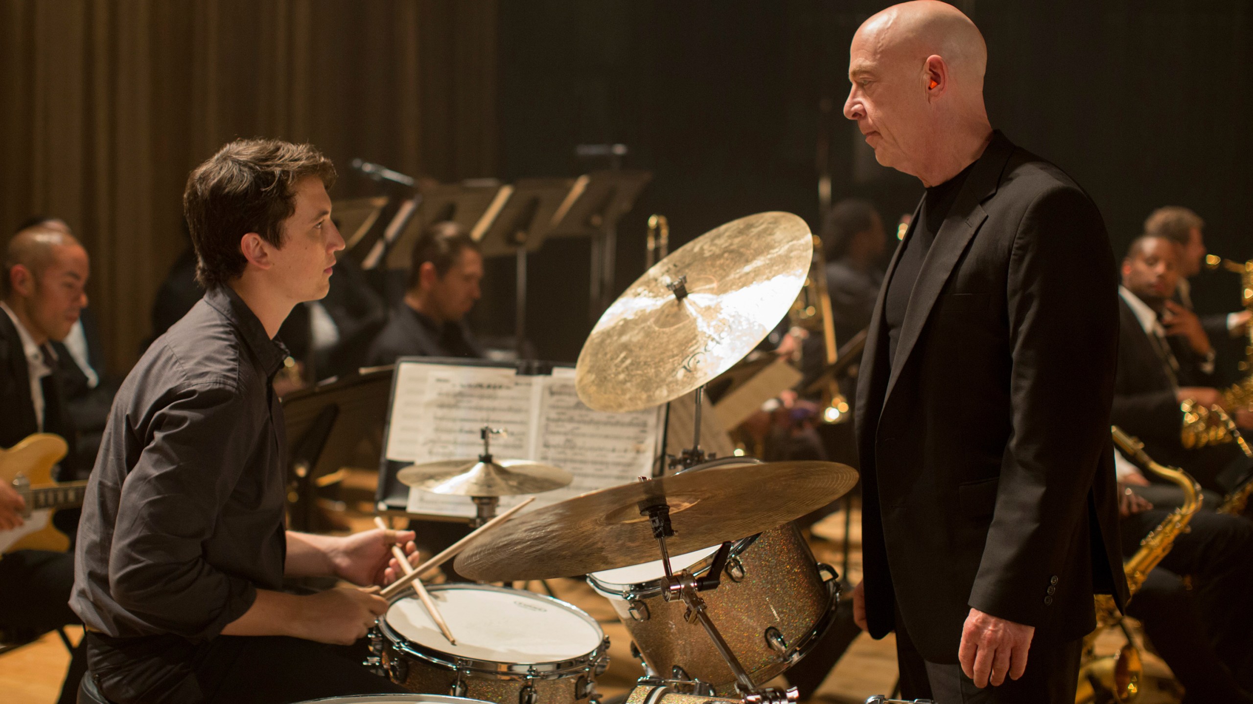 This image released by Sony Pictures Classics shows Miles Teller, left, and J.K. Simmons in a scene from "Whiplash." (Daniel McFadden/Sony Pictures Classics via AP)