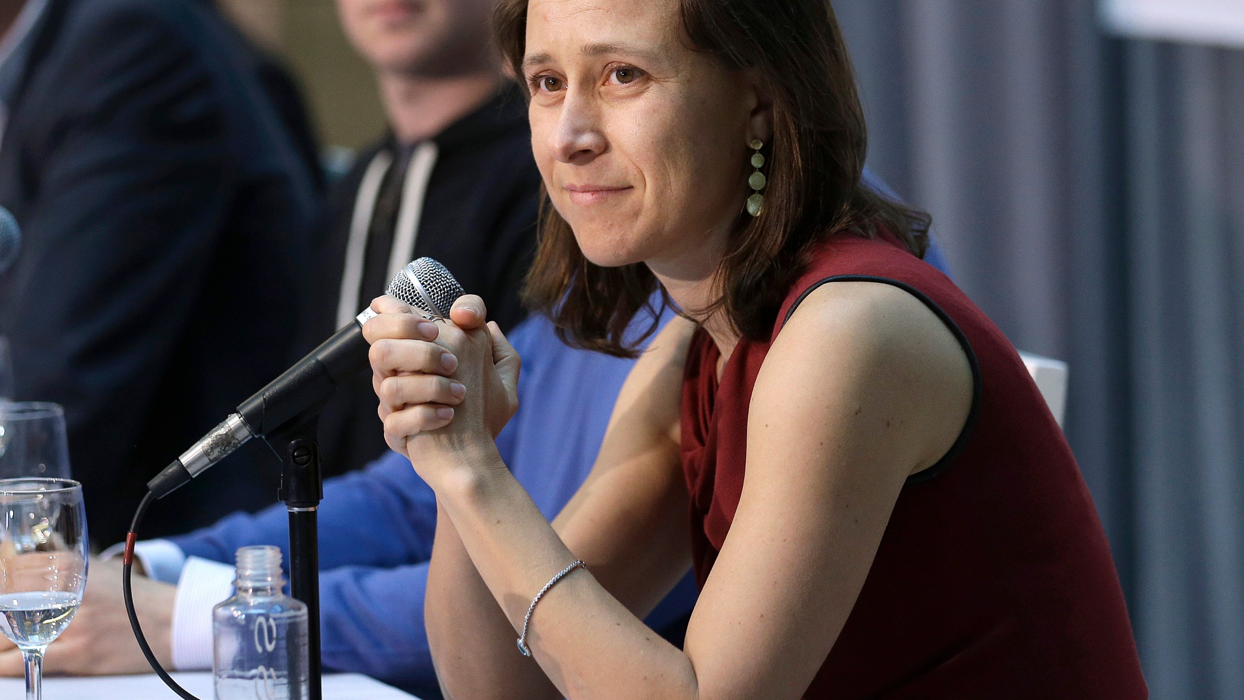 FILE - 23andMe CEO Anne Wojcicki speaks at an announcement for the Breakthrough Prize in Life Sciences at Genentech Hall on UCSF's Mission Bay campus in San Francisco, Feb. 20 2013. (AP Photo/Jeff Chiu, File)