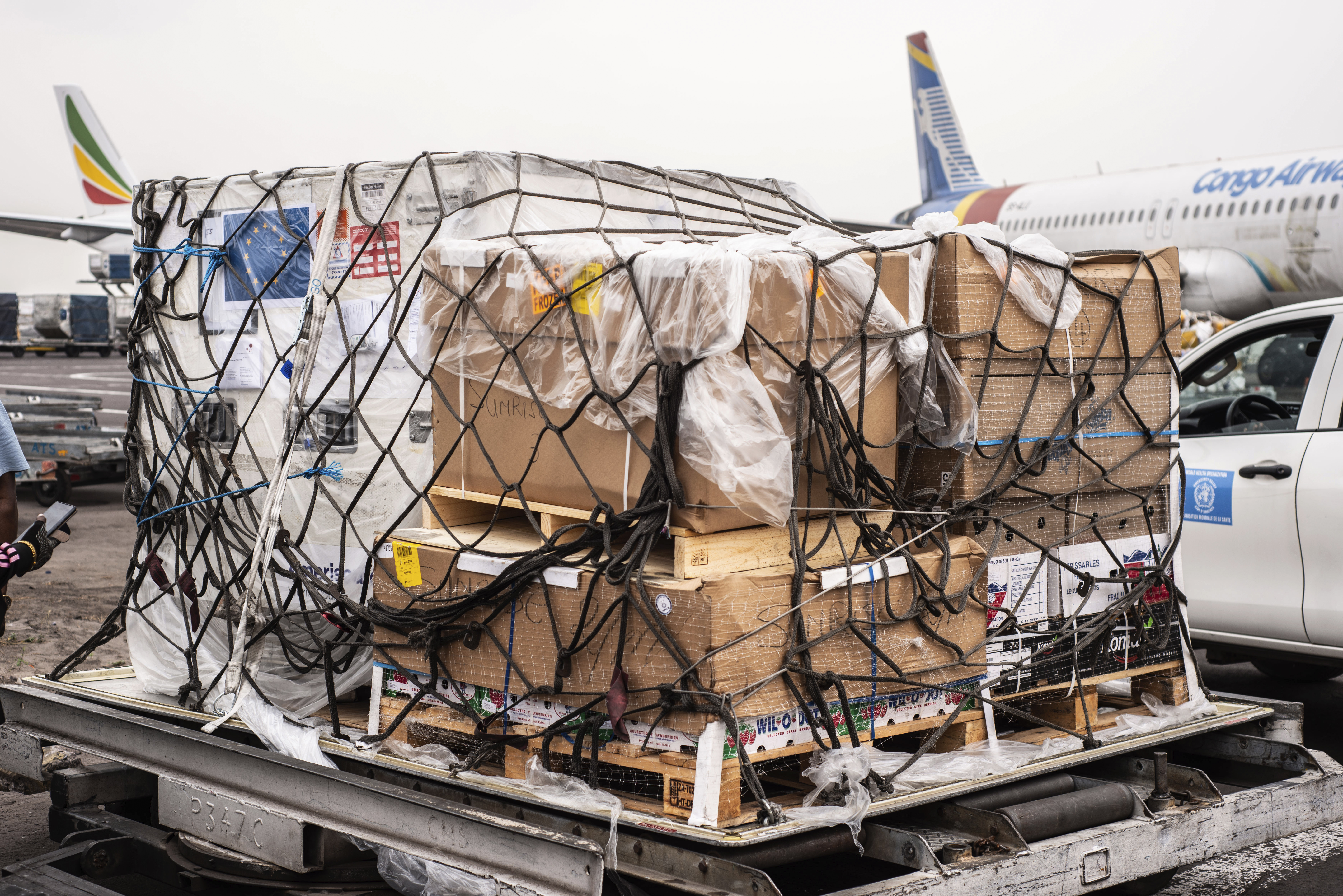 Mpox vaccine MVA-BN vaccine, manufactured by the Danish company Bavarian Nordic, are offloaded from a plane in Kinshasa, Congo, Thursday, Sept. 5, 2024.(AP Photo/Samy Ntumba Shambuyi)