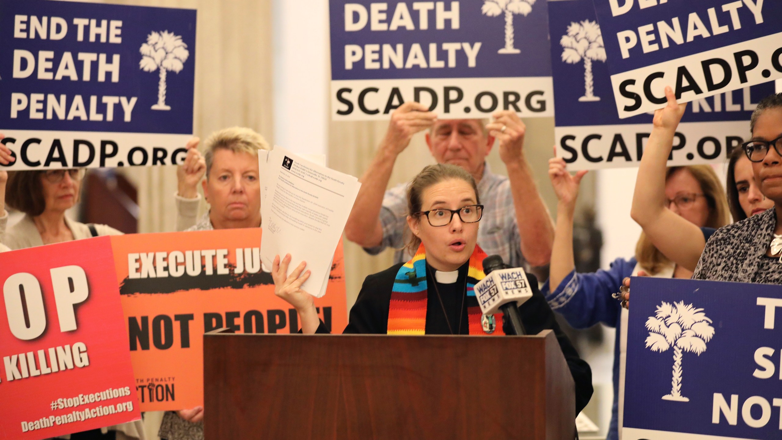 South Carolinians for Alternatives to the Death Penalty Executive Director Rev. Hillary Taylor speaks at a news conference before delivering petitions to stop the execution of Freddie Owens at the South Carolina Statehouse in Columbia, S.C., Thursday, Sept. 19, 2024. (AP Photo/Jeffrey Collins)