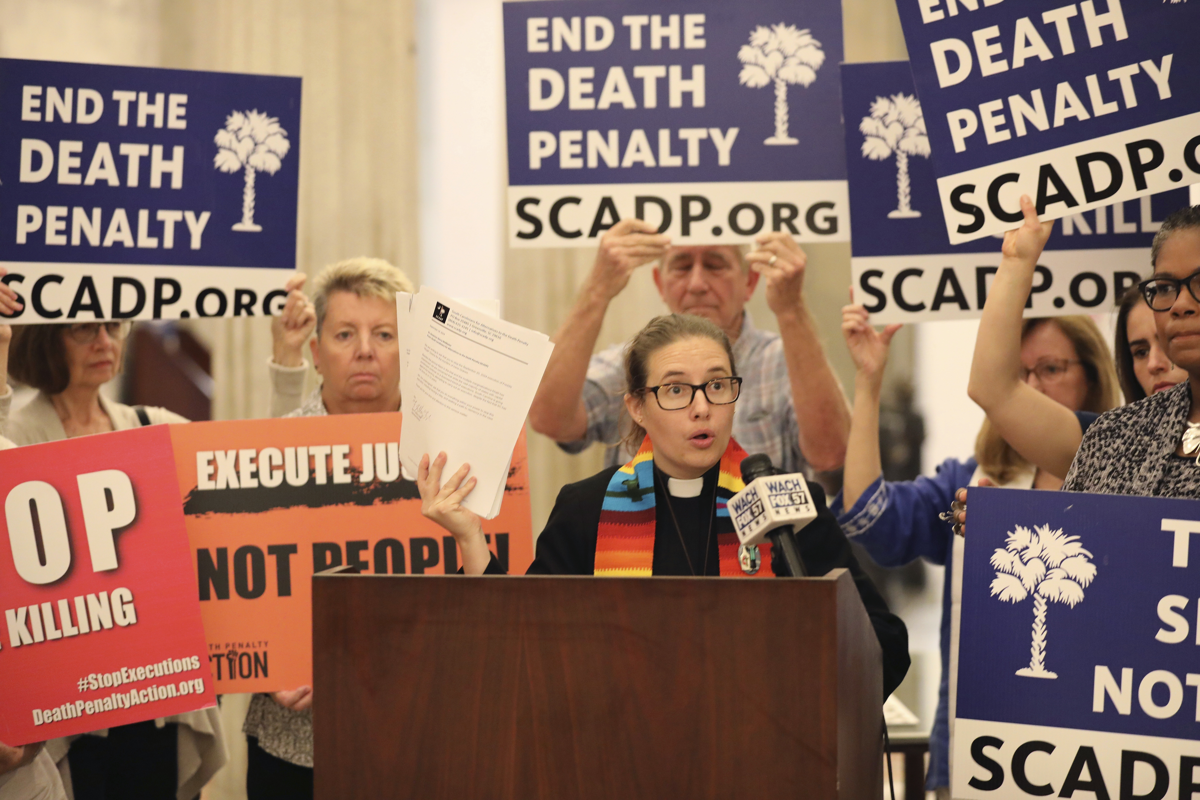 South Carolinians for Alternatives to the Death Penalty Executive Director Rev. Hillary Taylor speaks at a news conference before delivering petitions to stop the execution of Freddie Owens at the South Carolina Statehouse in Columbia, S.C., Thursday, Sept. 19, 2024. (AP Photo/Jeffrey Collins)