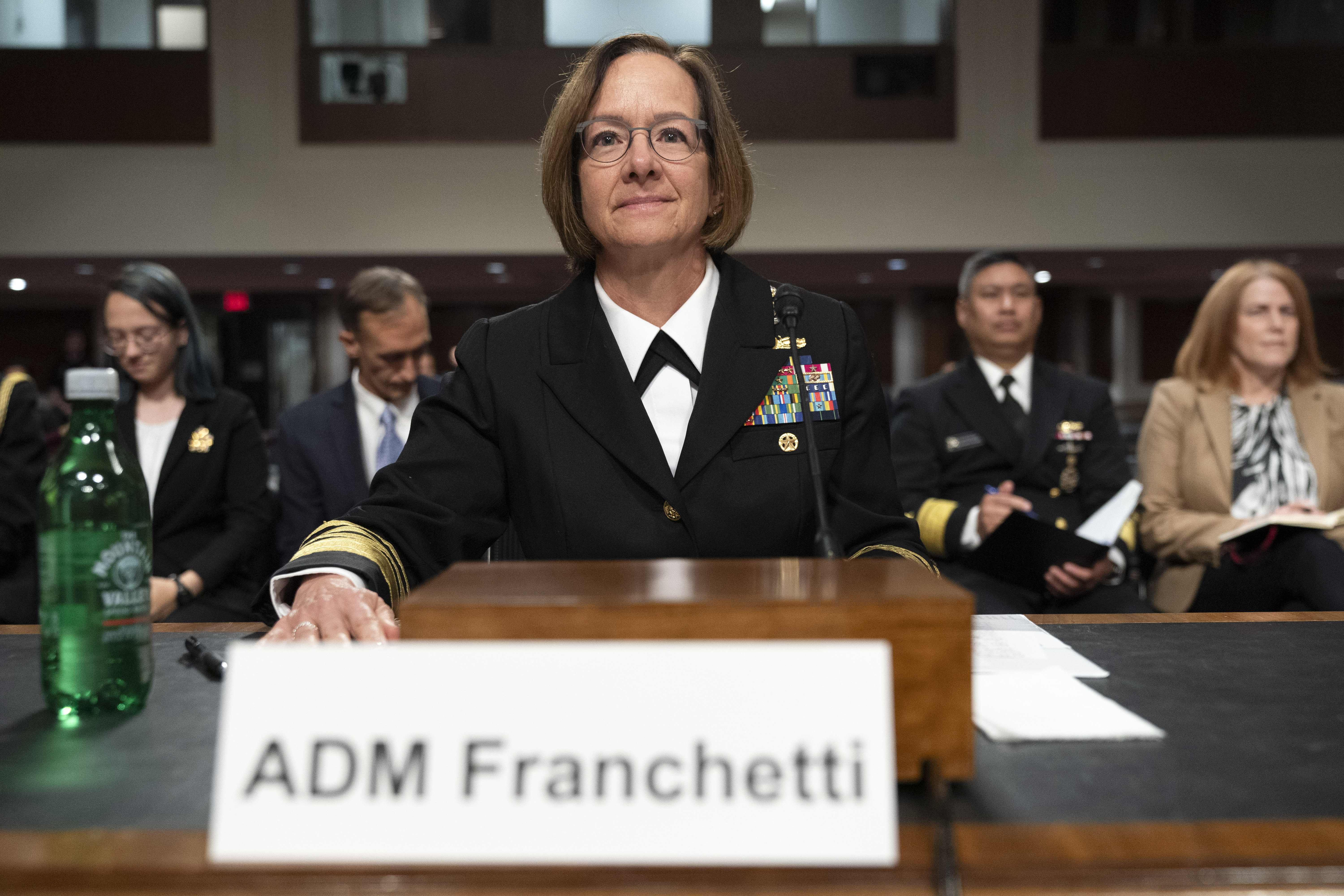 FILE - Navy Adm. Lisa Franchetti takes her seat to attend a Senate Armed Services Committee hearing on her nomination for reappointment to the grade of admiral and to be Chief of Naval Operations, Sept. 14, 2023, on Capitol Hill in Washington. (AP Photo/Jacquelyn Martin, File)