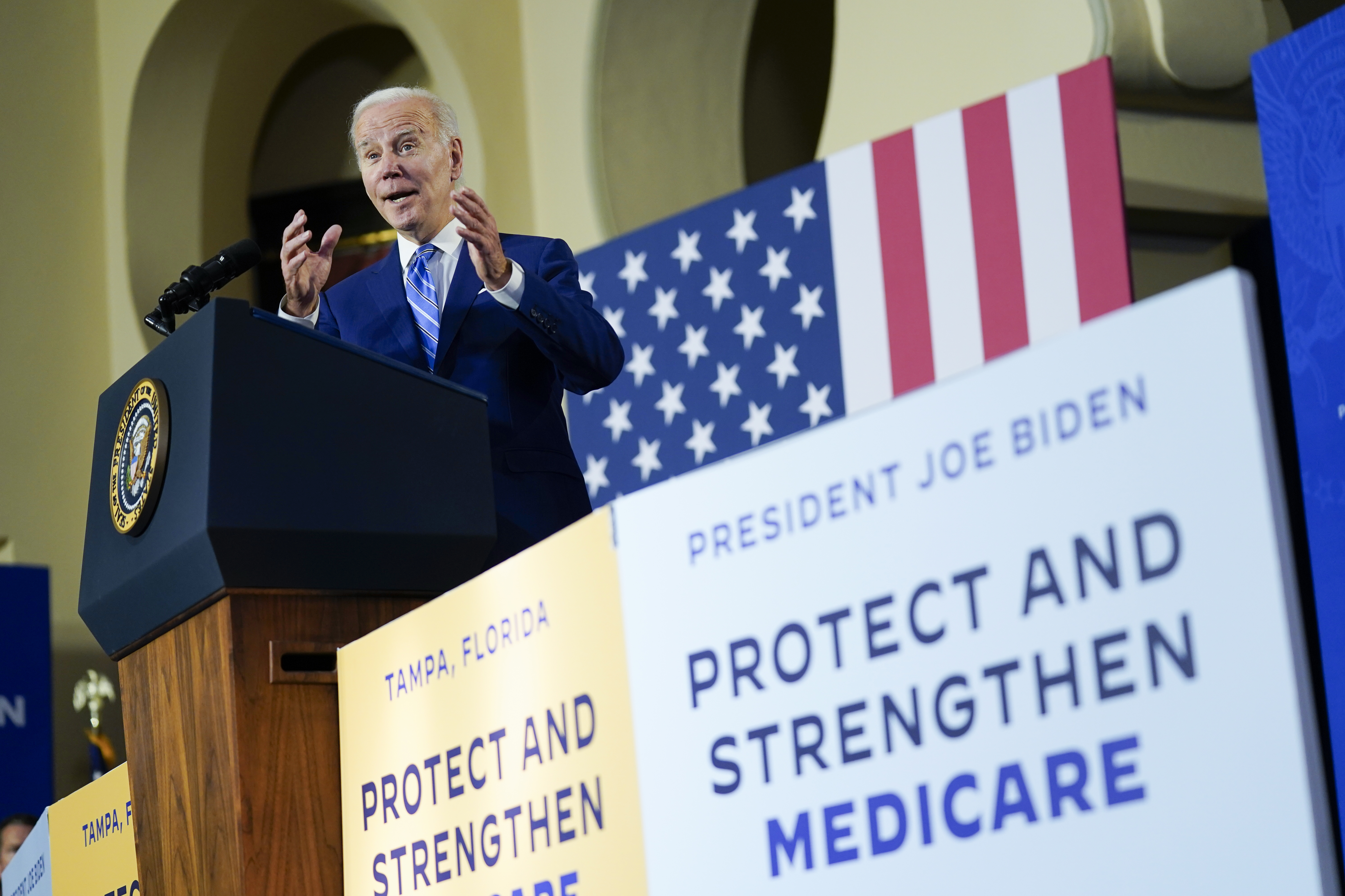 FILE - President Joe Biden speaks about his administration's plans to protect Social Security and Medicare and lower healthcare costs, Feb. 9, 2023, at the University of Tampa in Tampa, Fla. (AP Photo/Patrick Semansky, File)