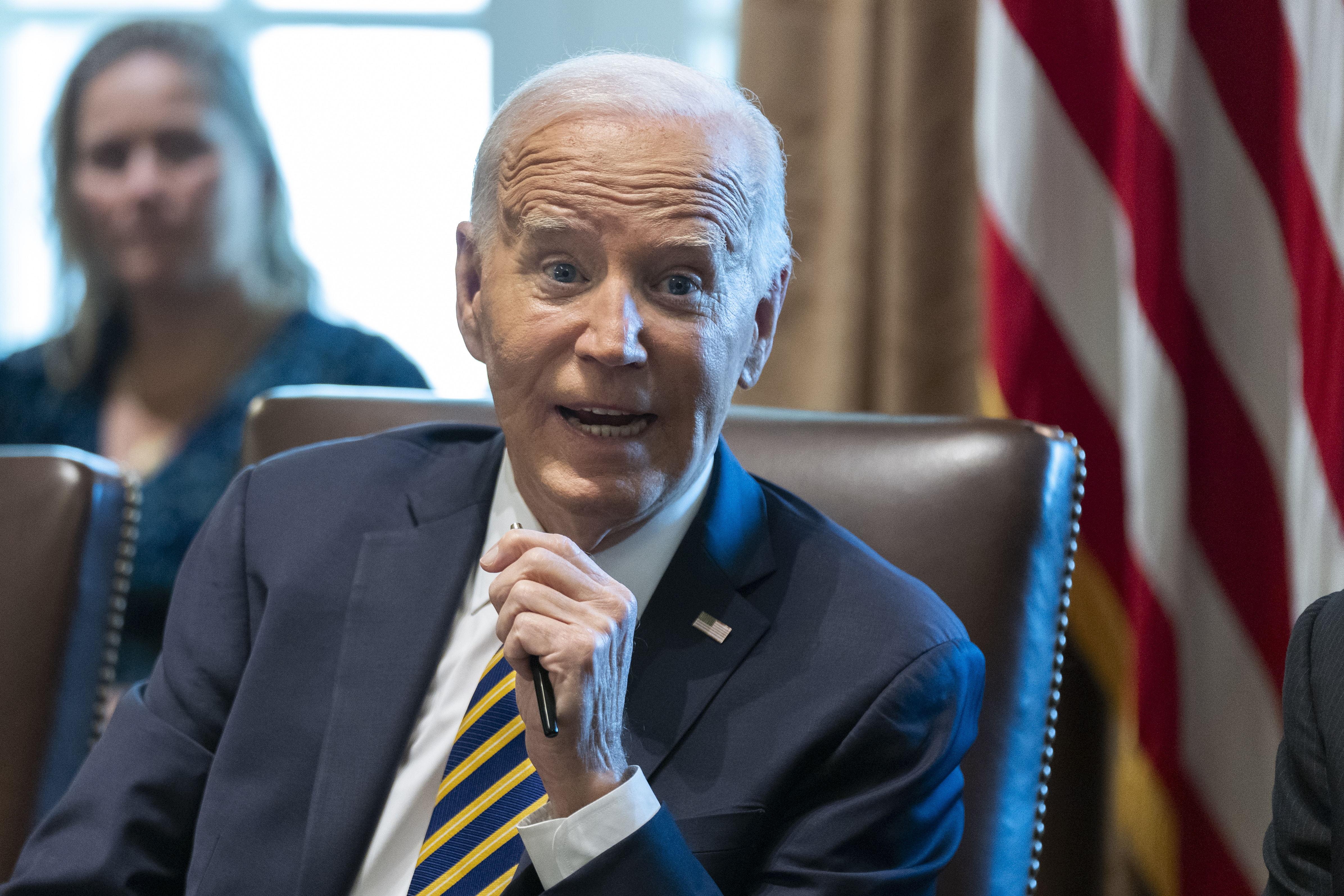 President Joe Biden speaks during a meeting with the members of his cabinet and first lady Jill Biden, in the Cabinet Room of the White House, Friday, Sept. 20, 2024. (AP Photo/Manuel Balce Ceneta)