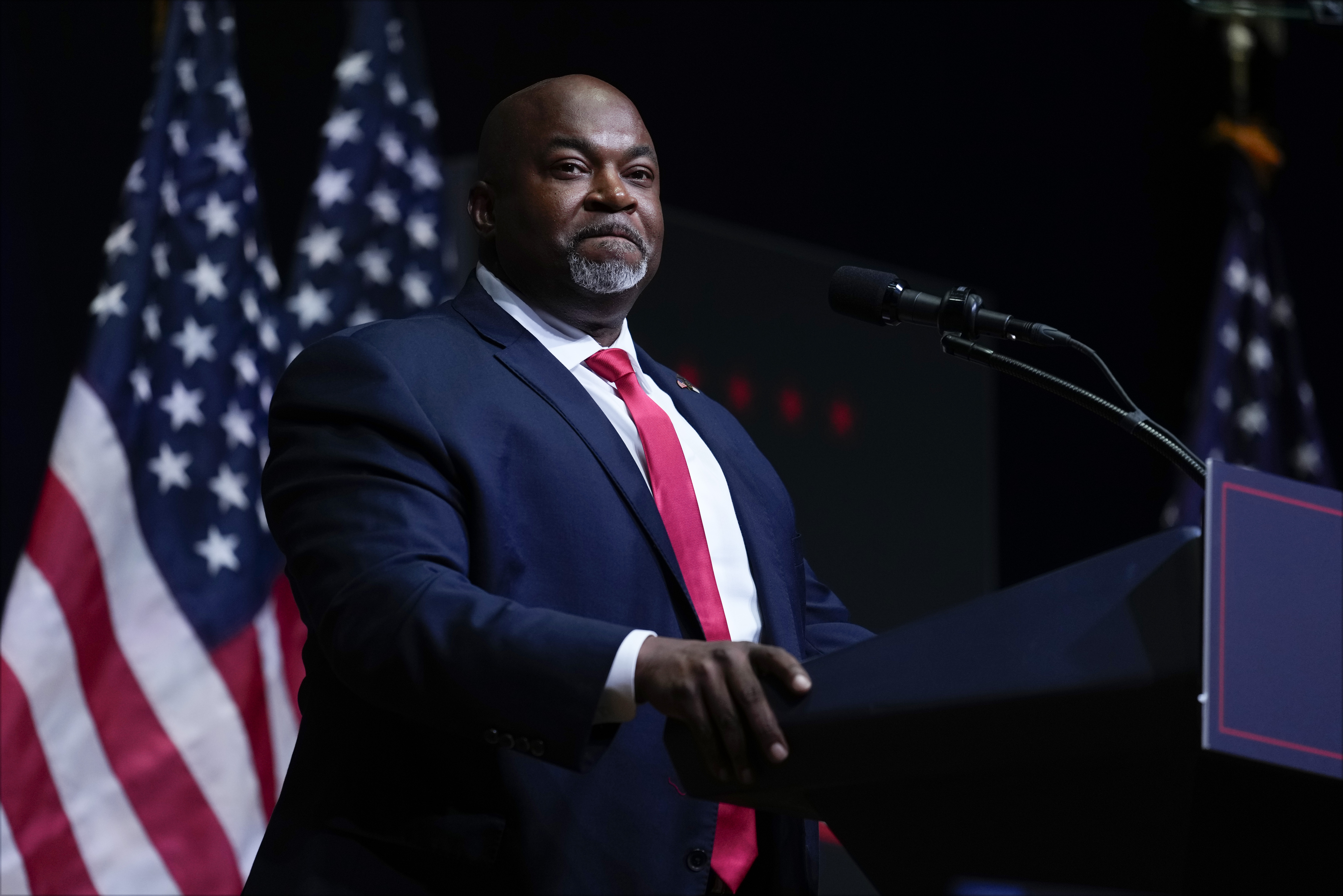 FILE - North Carolina Lt. Gov. Mark Robinson speaks before Republican presidential nominee former President Donald Trump at a campaign rally in Asheville, N.C., Aug. 14, 2024. (AP Photo/Matt Rourke, File)