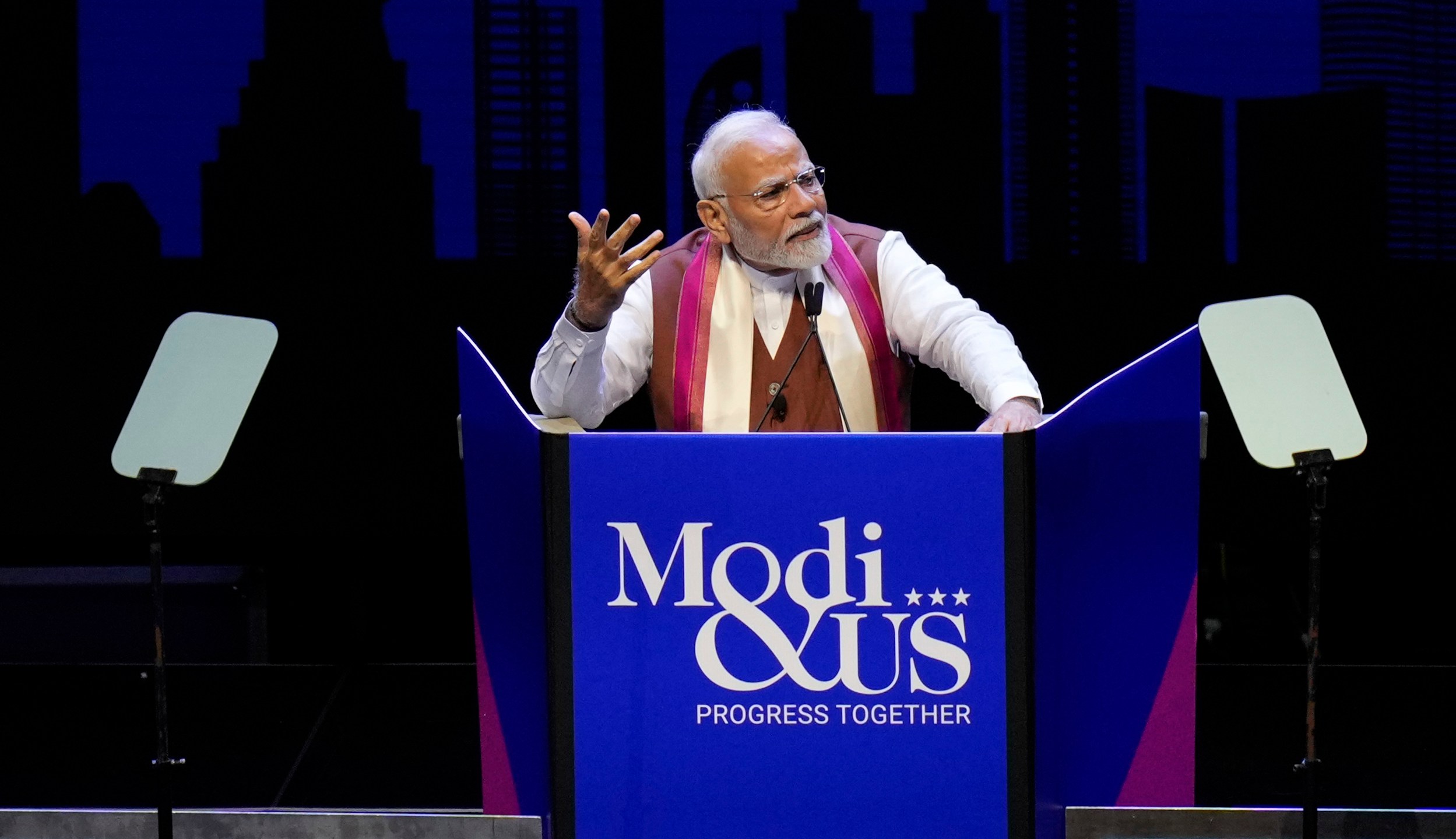 Prime Minister of India Narendra Modi speaks at an event in Uniondale, N.Y., Sunday, Sept. 22, 2024. (AP Photo/Seth Wenig)