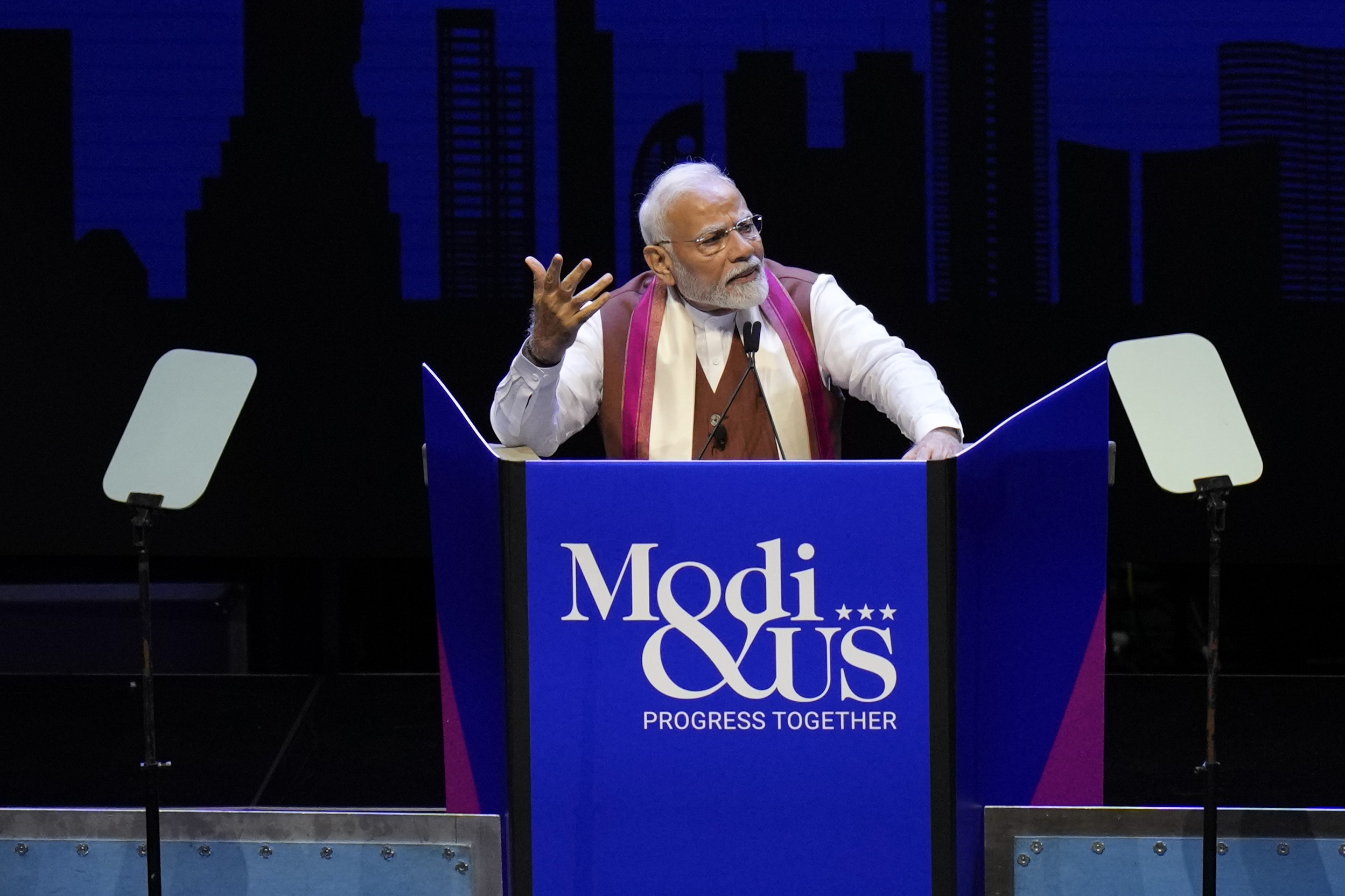 Prime Minister of India Narendra Modi speaks at an event in Uniondale, N.Y., Sunday, Sept. 22, 2024. (AP Photo/Seth Wenig)