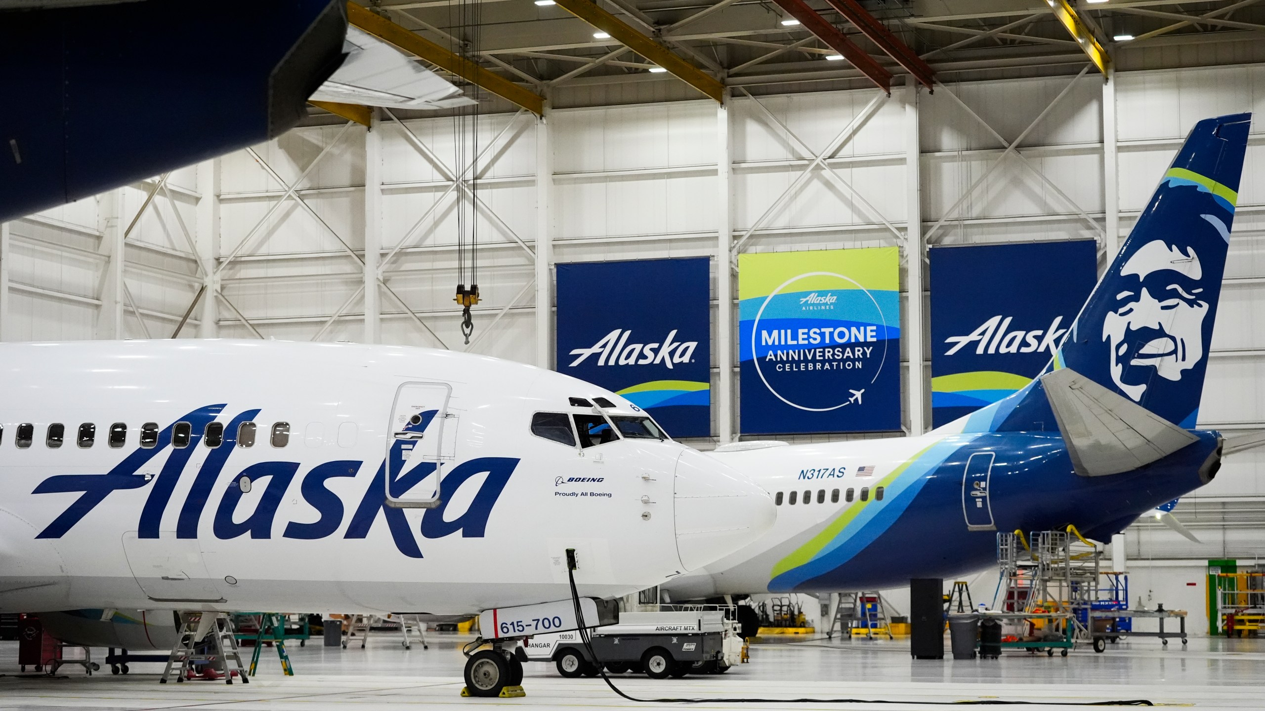 FILE - Alaska Airlines aircraft sits in the airline's hangar at Seattle-Tacoma International Airport Wednesday, Jan. 10, 2024, in SeaTac, Wash. (AP Photo/Lindsey Wasson, File)