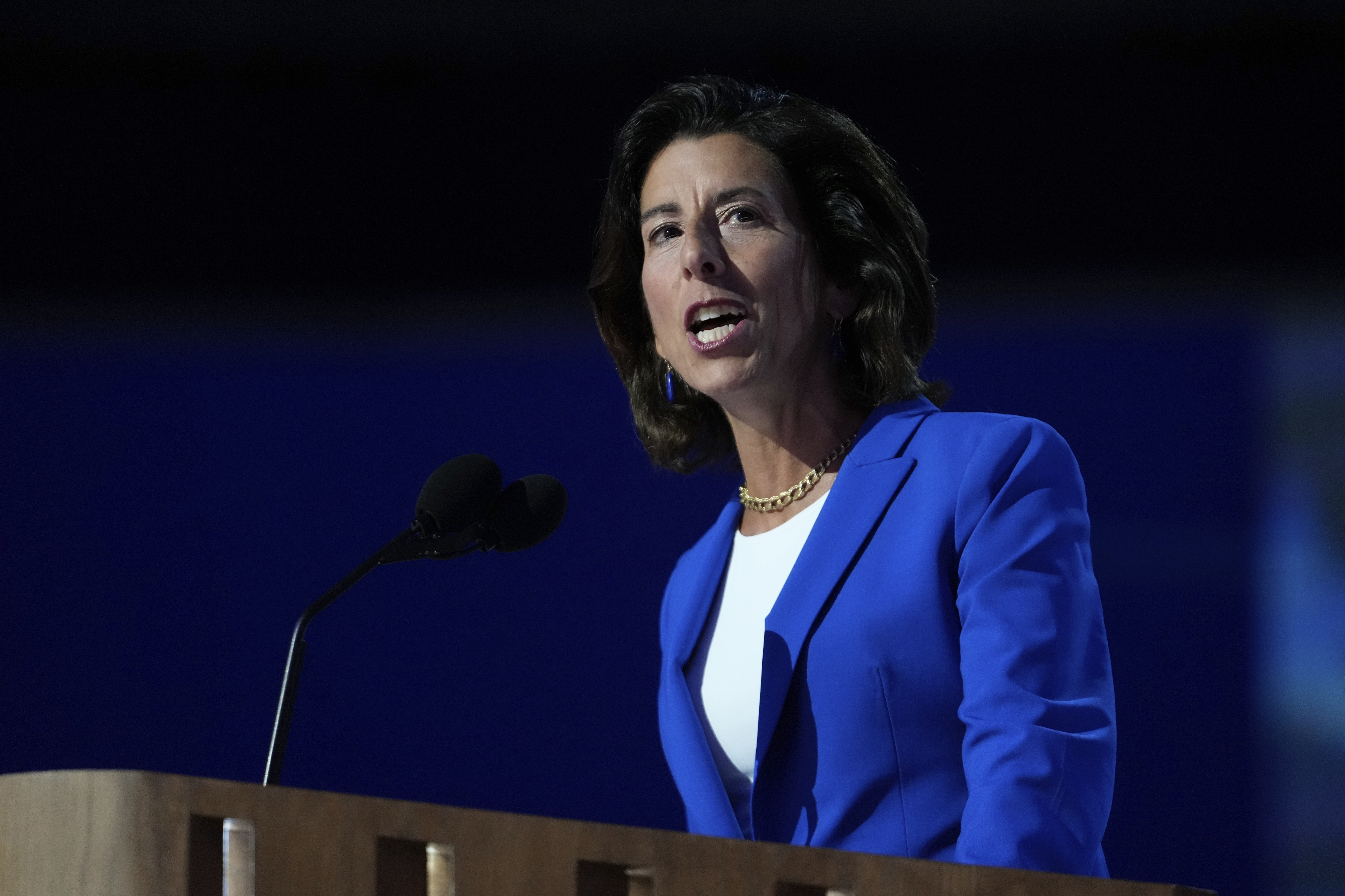 FILE - Gina Raimondo, U.S. Secretary of Commerce, speaks during the Democratic National Convention on Aug. 19, 2024, in Chicago. (AP Photo/Paul Sancya, File)