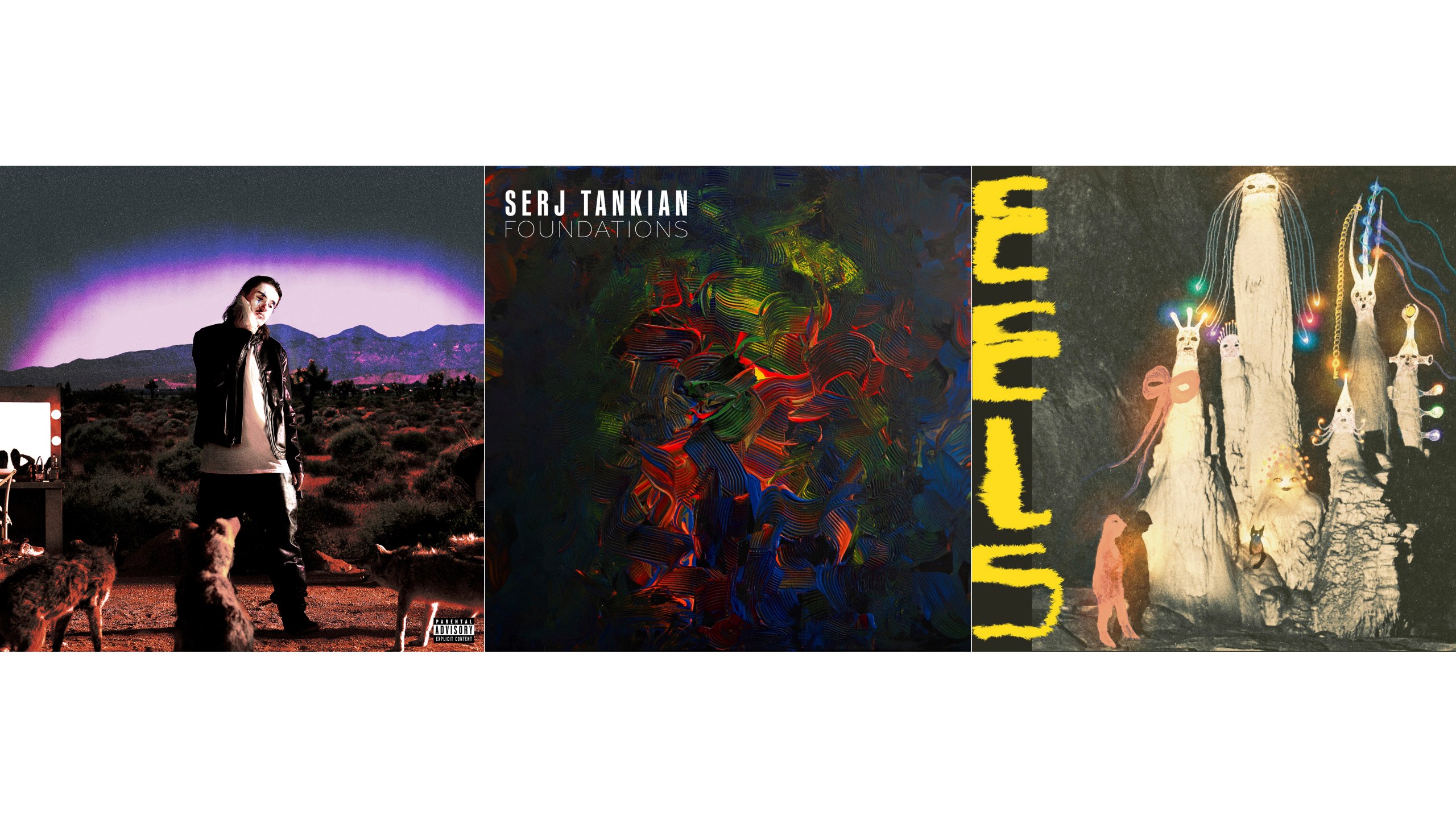 This combination of images shows album art for "Coyote" by Tommy Richman, left, "Foundations" by Serj Tankian, center, and "Eels" by Being Dead." (ISO Supremacy and PULSE Records/Gibson Records/Bayonet Records via AP)