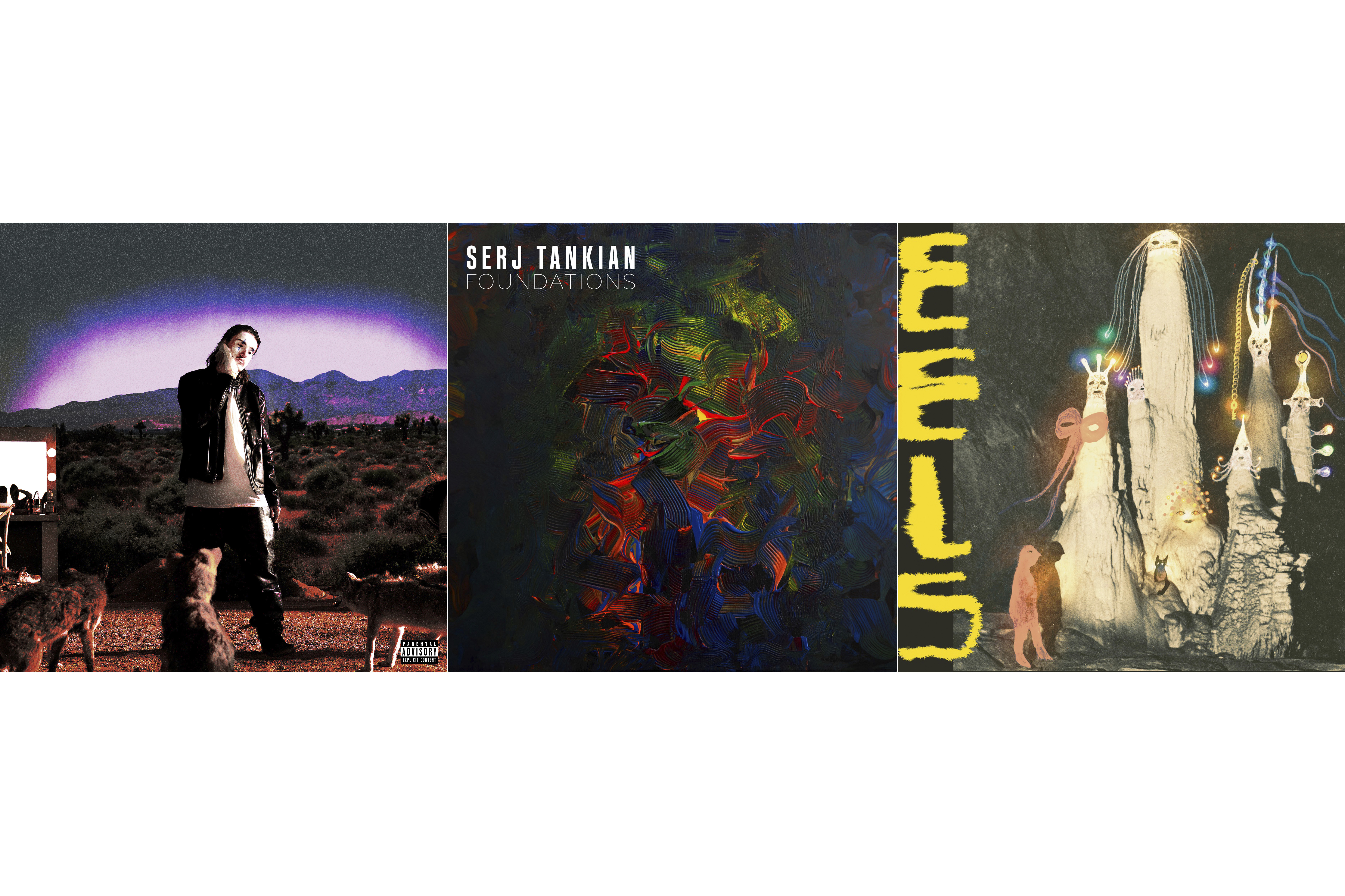 This combination of images shows album art for "Coyote" by Tommy Richman, left, "Foundations" by Serj Tankian, center, and "Eels" by Being Dead." (ISO Supremacy and PULSE Records/Gibson Records/Bayonet Records via AP)