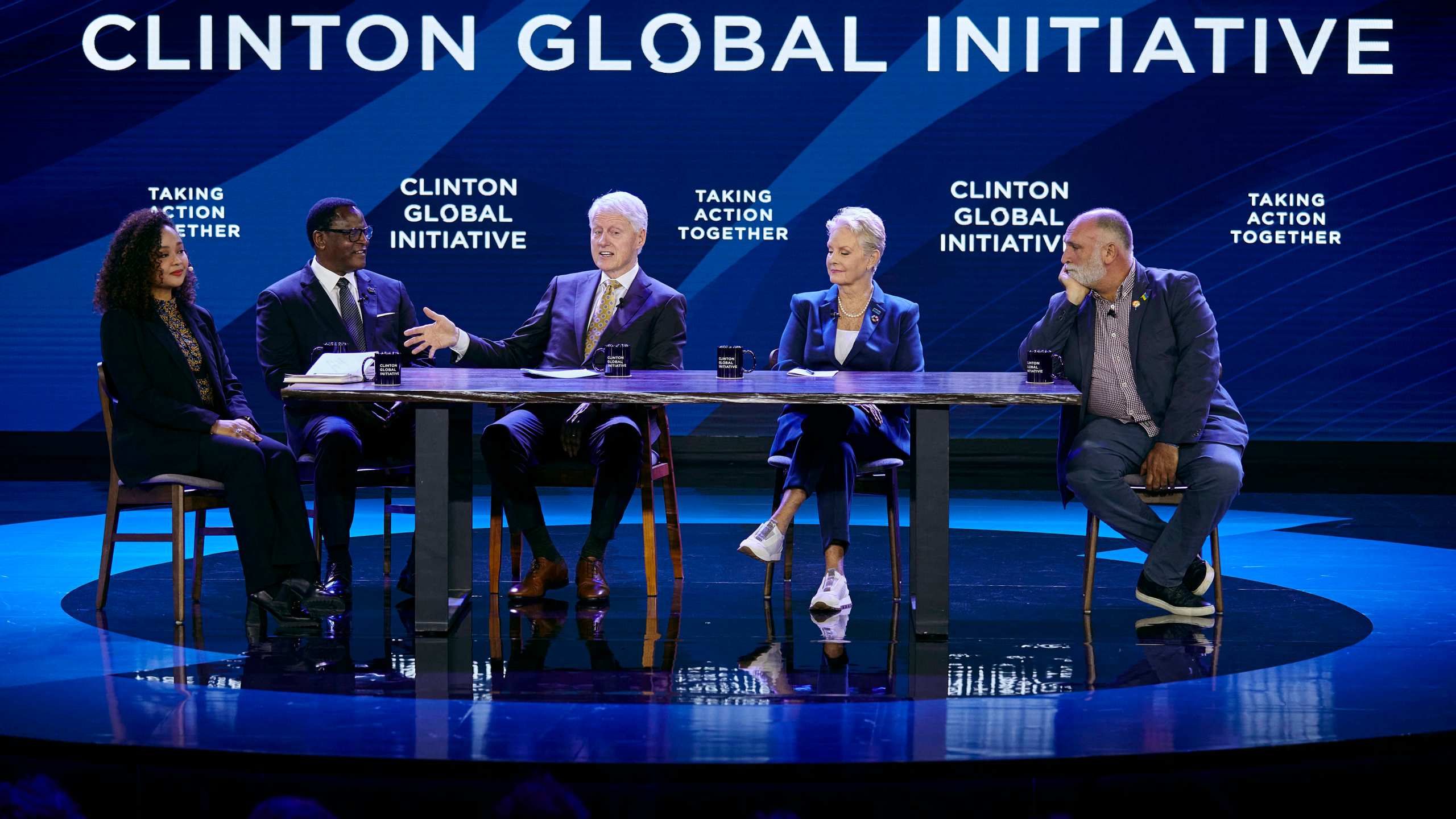 FILE -Bill Clinton, third left, speaks as Cindy McCain, Executive Director, World Food Programme, second right, Jose Andres, Founder and Chief Feeding Officer, World Central Kitchen, right, President of the Republic of Malawi, Lazarus Chakwera, second left, and Louise Emmanuelle Mabulo, Founder, The Cacao Project, left, listen during the Clinton Global Initiative, Sept. 19, 2023 in New York. (AP Photo/Andres Kudacki, File)