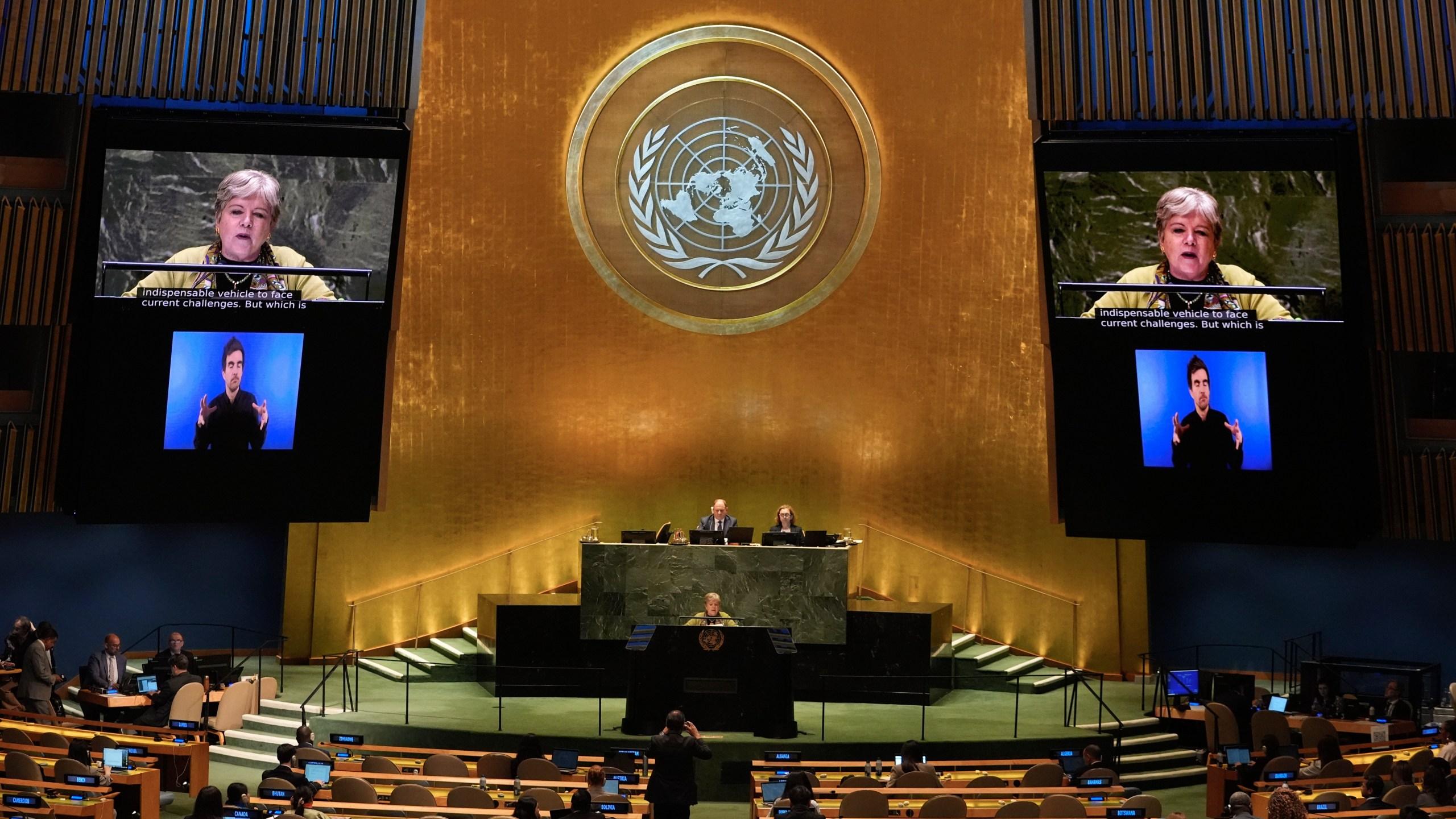 Mexico's Foreign Secretary Alicia Bárcena speaks to the United Nations General Assembly during Summit of the Future, Sunday, Sept. 22, 2024 at U.N. headquarters. (AP Photo/Frank Franklin II)