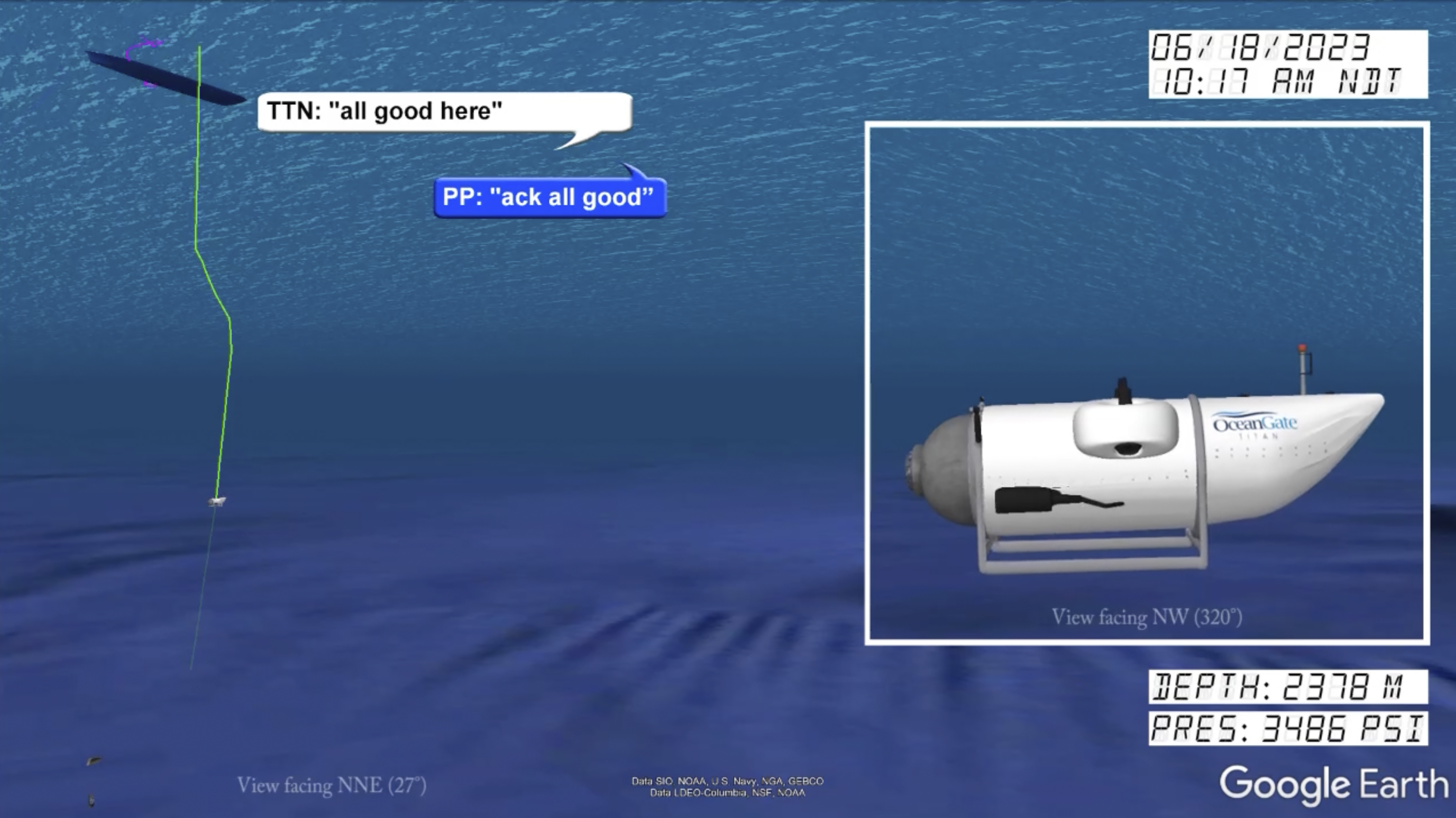 In a still from from a video animation provided by the United States Coast Guard an illustration of the Titan submersible, right, is shown near the ocean floor of the Atlantic Ocean, as June 18, 2023 communications between the submersible and the support vessel Polar Prince, not shown, are represented at left. (United States Coast Guard via AP)