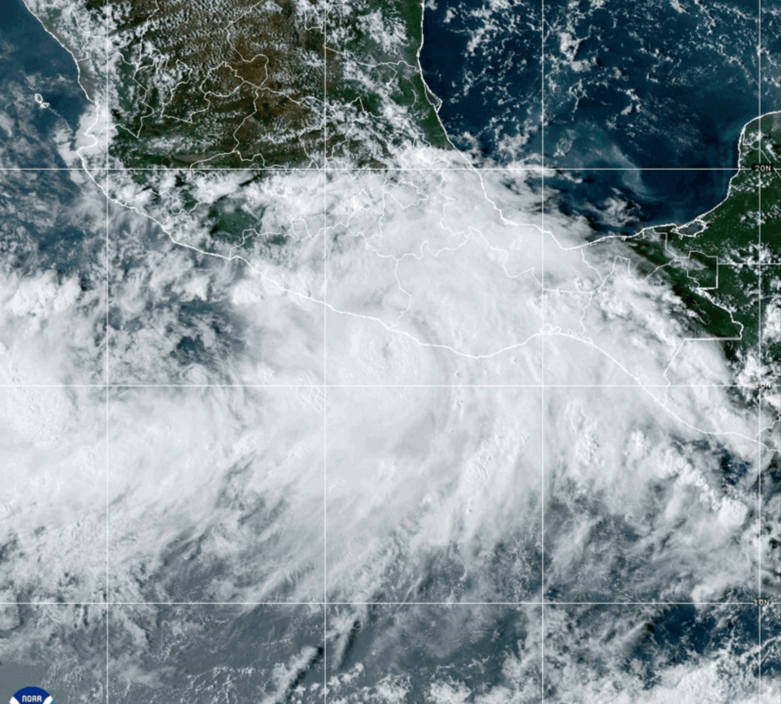 This National Oceanic and Atmospheric Administration satellite image taken at 6:10pm ET shows Hurricane John near southern Mexico on Monday, Sept. 23, 2024. (NOAA via AP)