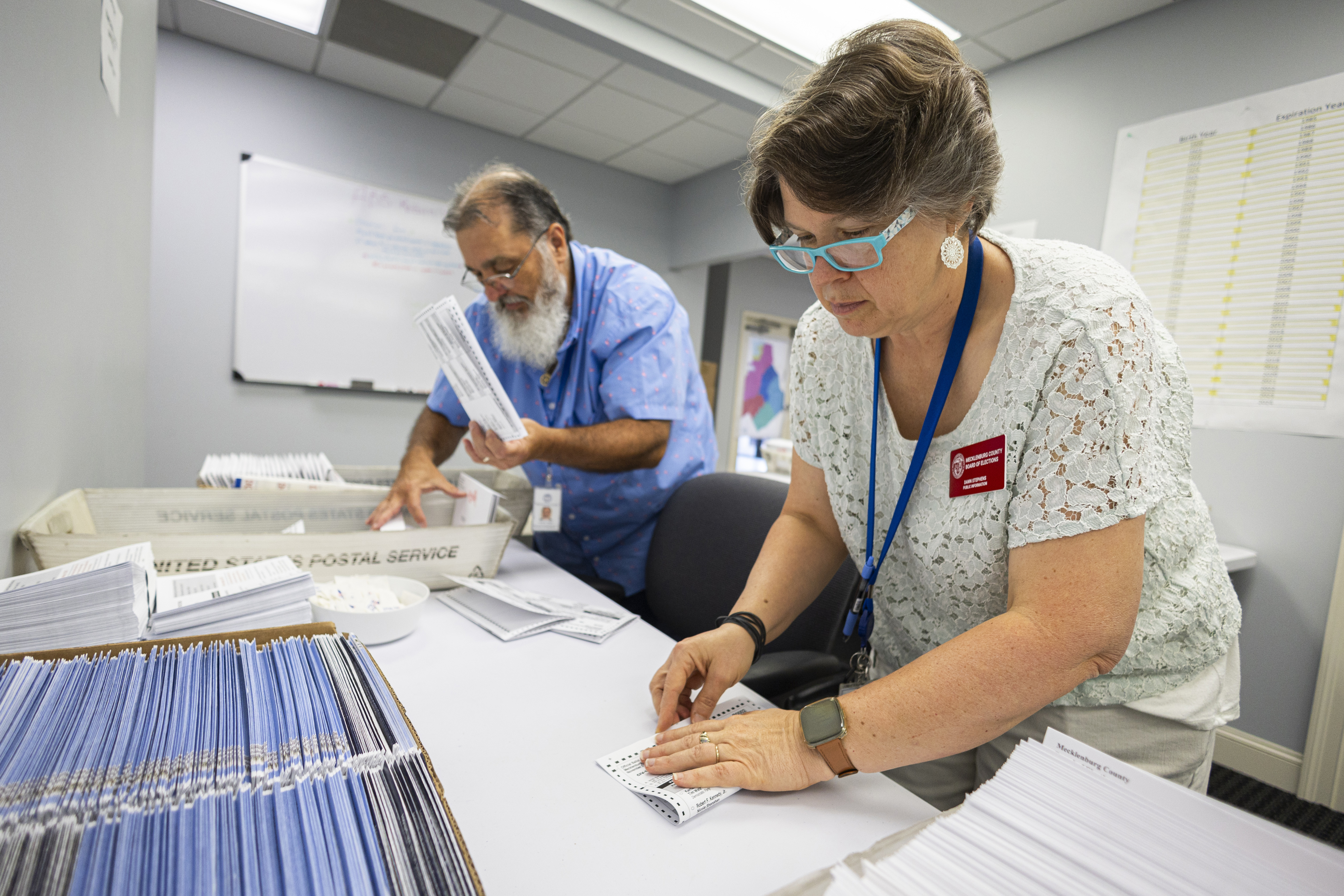 FILE - Dawn Stephens, right, and Duane Taylor prepare ballots to be mailed at the Mecklenburg County Board of Elections in Charlotte, N.C., Sept. 5, 2024. (AP Photo/Nell Redmond)