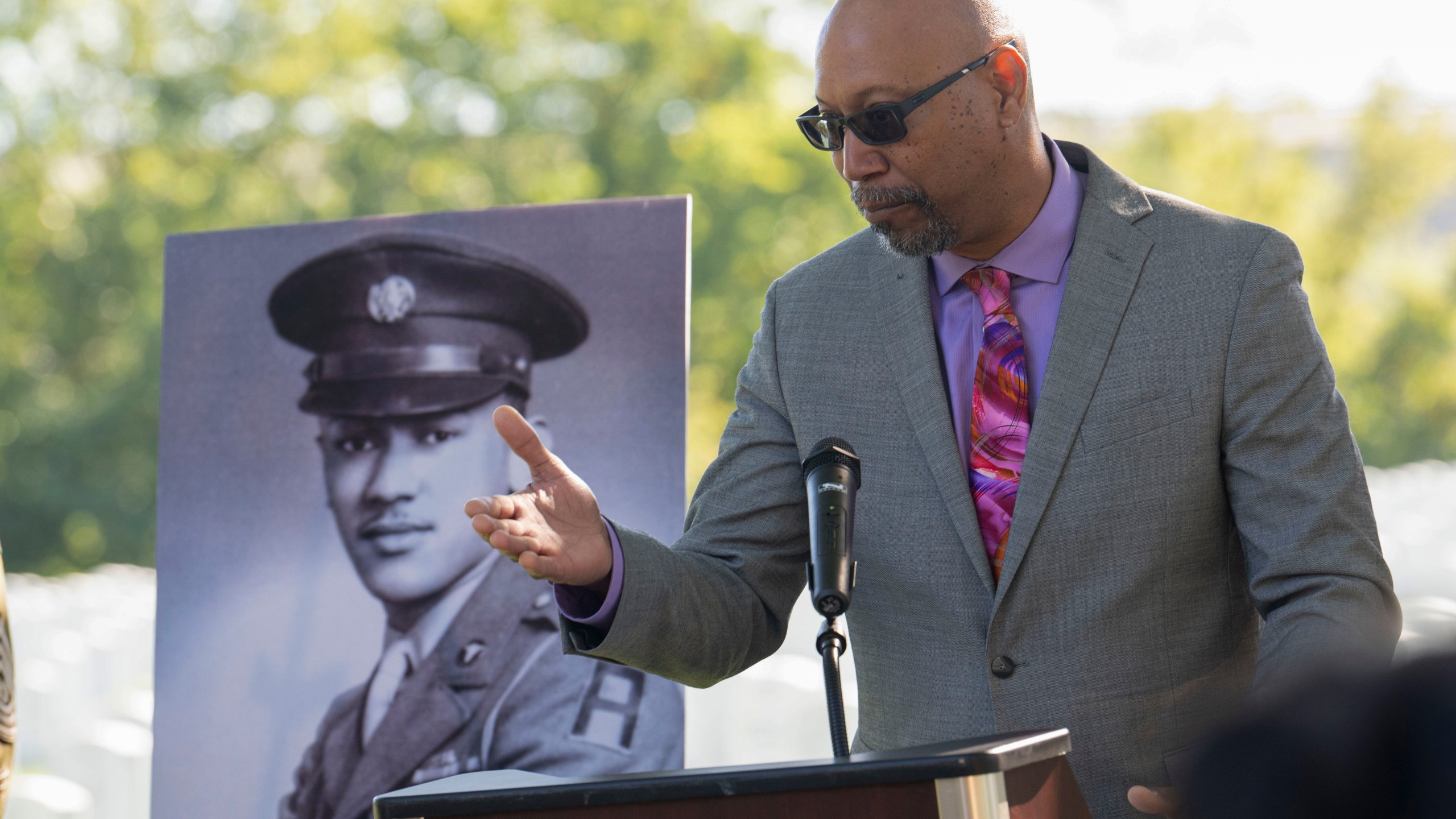 FILE - Steve Woodson speaks during a medal ceremony for his father, Cpl. Waverly B. Woodson Jr., to be posthumously honored with the Bronze Star and Combat Medic Badge on Oct. 11, 2023 at Arlington National Cemetery in Arlington, Va. (AP Photo/Kevin Wolf, File)