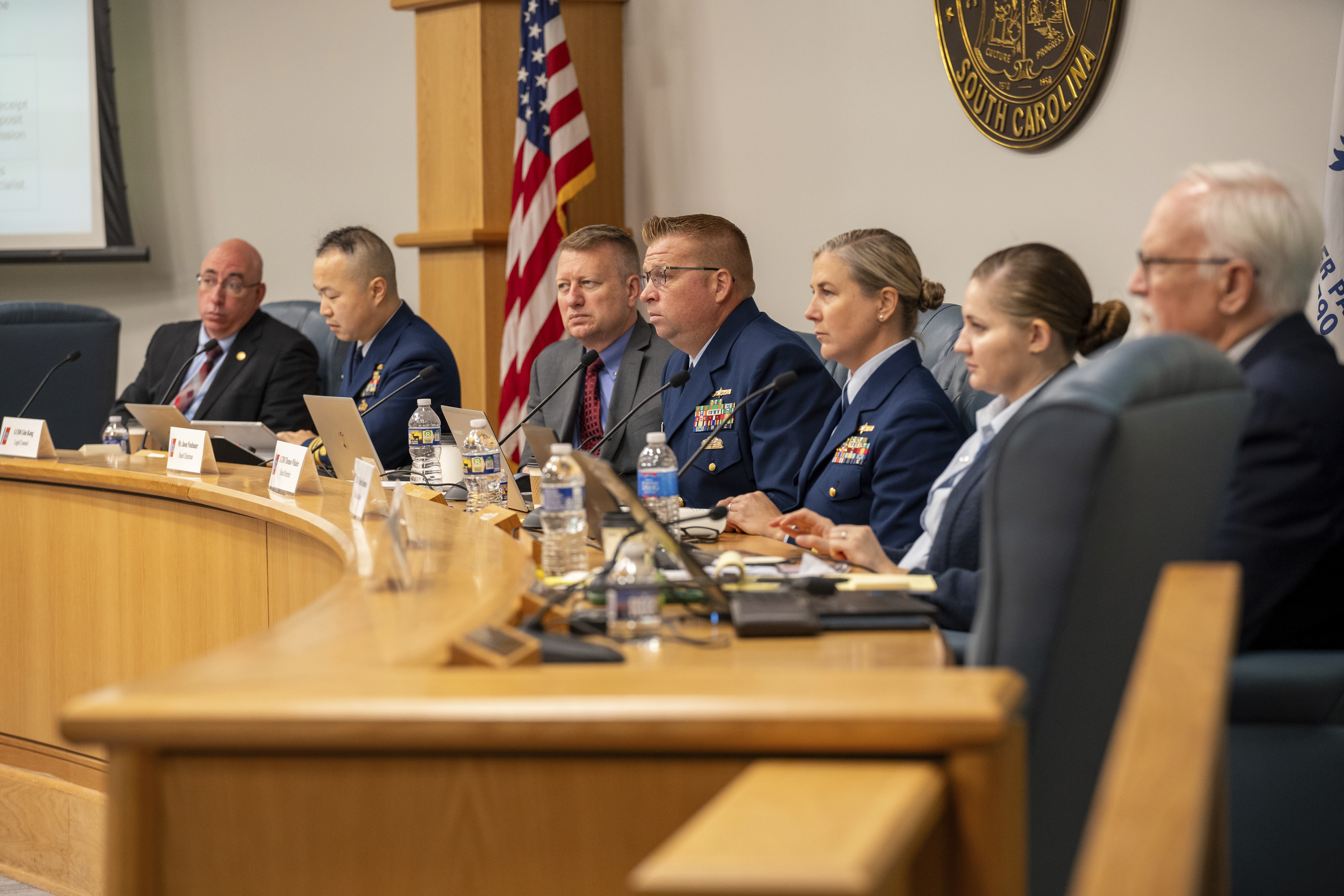 The Titan Marine Board listens to testimony from Amber Bay, Former OceanGate Director of Administration at the Titan marine board of investigation hearing inside the Charleston County Council Chambers Tuesday, Sept. 24, 2024, in North Charleston, S.C. (Corey Connor via AP, Pool)