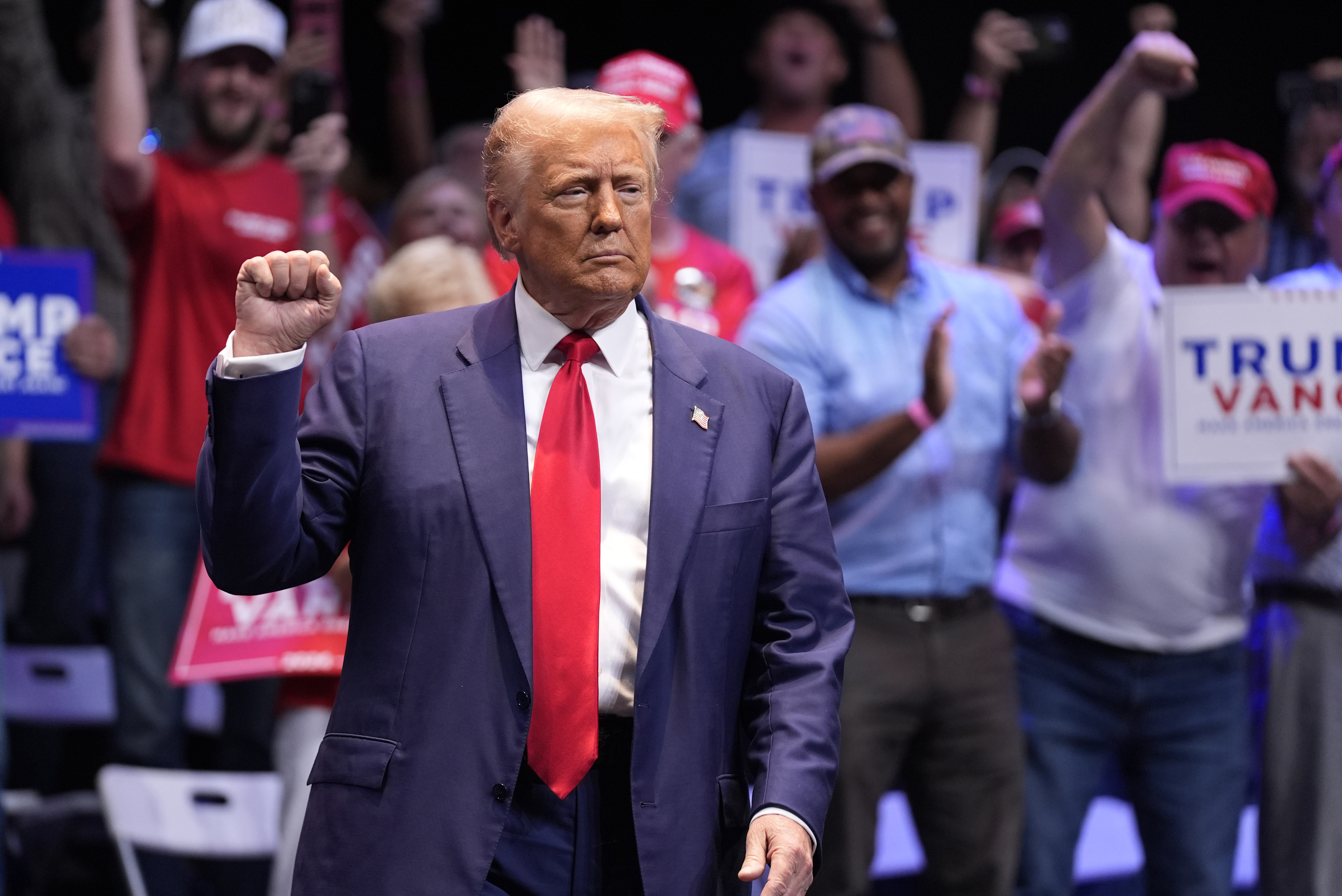 Republican presidential nominee former President Donald Trump arrives to speak about the tax code and manufacturing at the Johnny Mercer Theatre Civic Center, Tuesday, Sept. 24, 2024, in Savannah, Ga. (AP Photo/Evan Vucci)