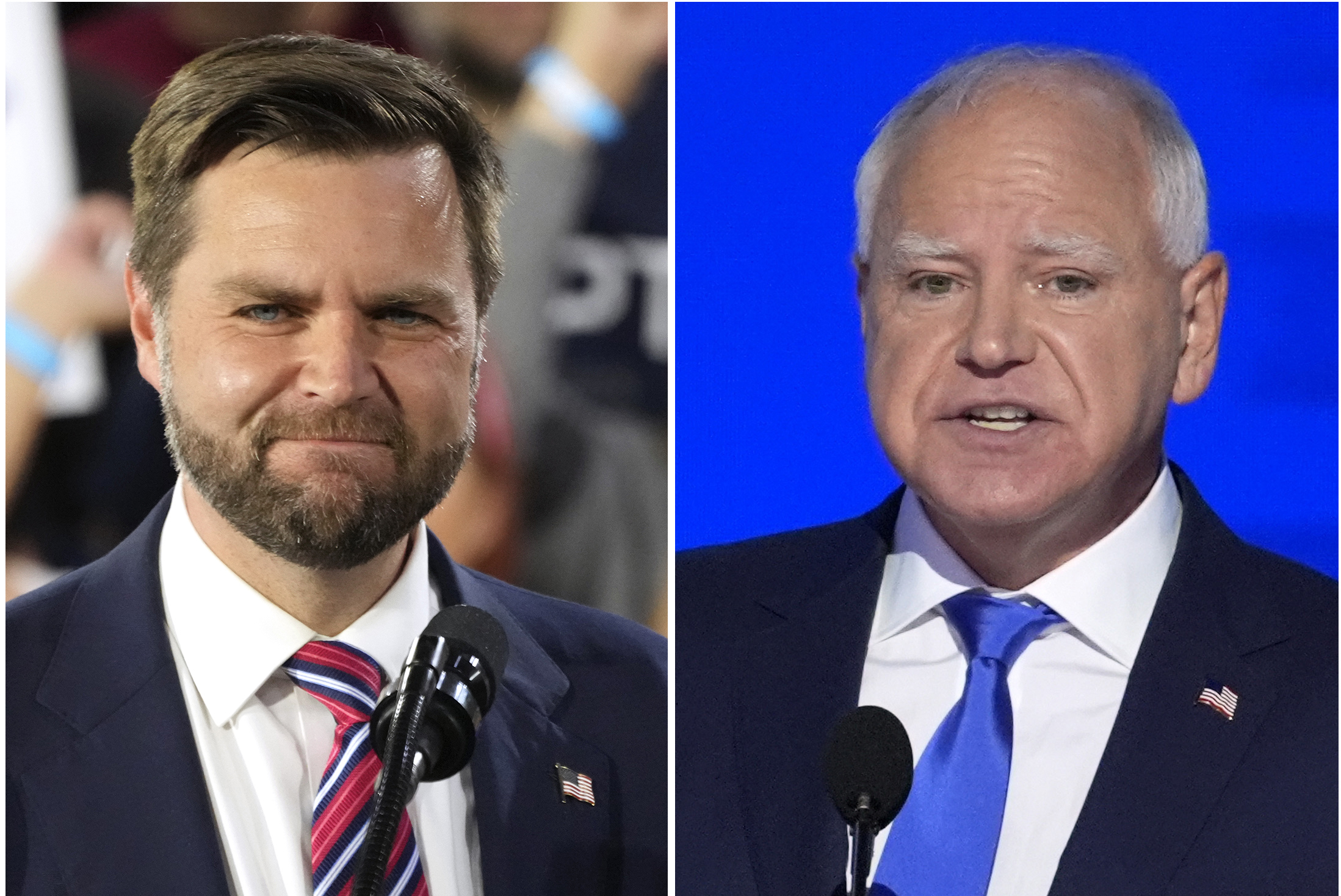 This combination of images shows Republican vice presidential nominee Sen. JD Vance, R-Ohio, at left in Erie, Pa., Aug. 28, 2024, and Democratic vice presidential candidate Minnesota Gov. Tim Walz speaking at the DNC in Chicago, Aug. 21, 2024, in Chicago. (AP Photo)