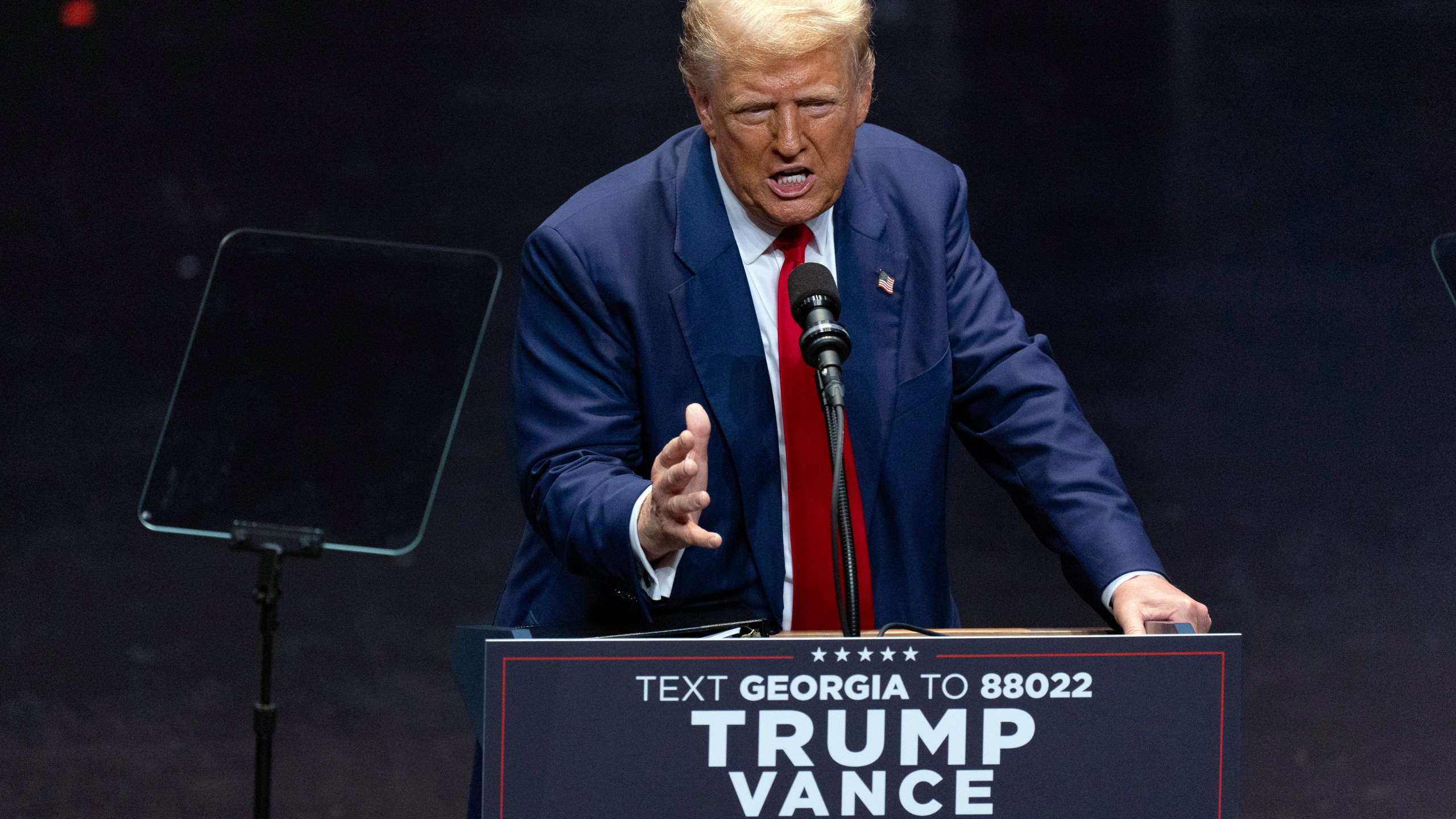 Republican presidential nominee former President Donald Trump speaks during a rally Tuesday, Sept. 24, 2024, in Savannah, Ga. (AP Photo/John Bazemore)