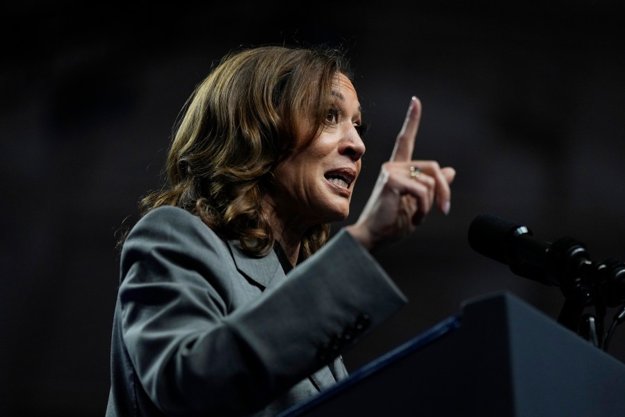 Democratic presidential nominee Vice President Kamala Harris speaks during a rally, Friday, Sept. 20, 2024, in Madison, Wis. (AP Photo/Charlie Neibergall)