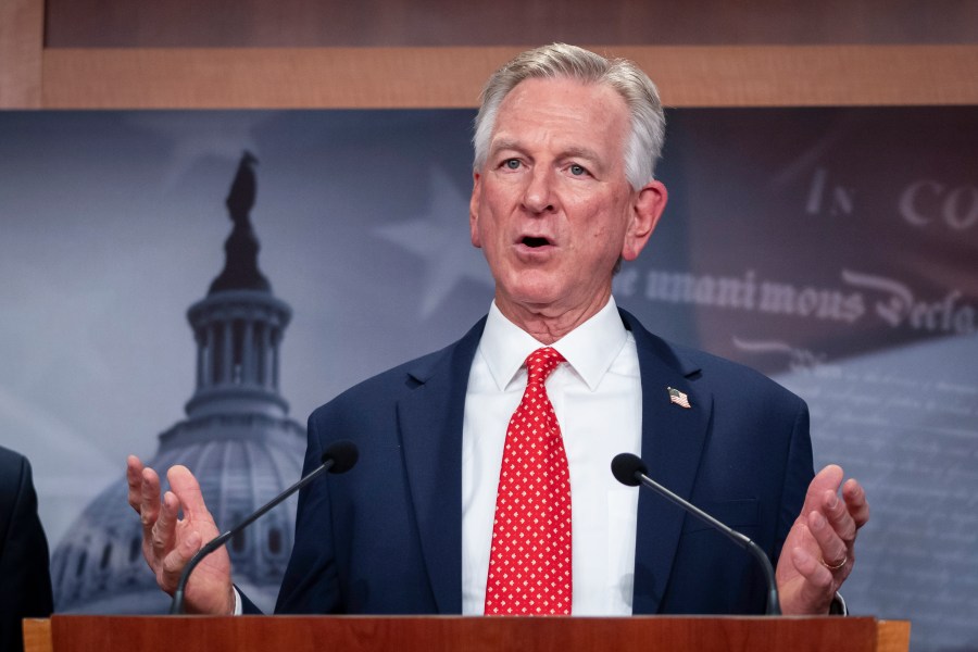 Sen. Tommy Tuberville, R-Ala., speaks to the media about the Secret Service and arrangements for the security of Republican presidential nominee former President Donald Trump, at the Capitol in Washington, Tuesday, Sept. 17, 2024. (AP Photo/Ben Curtis)