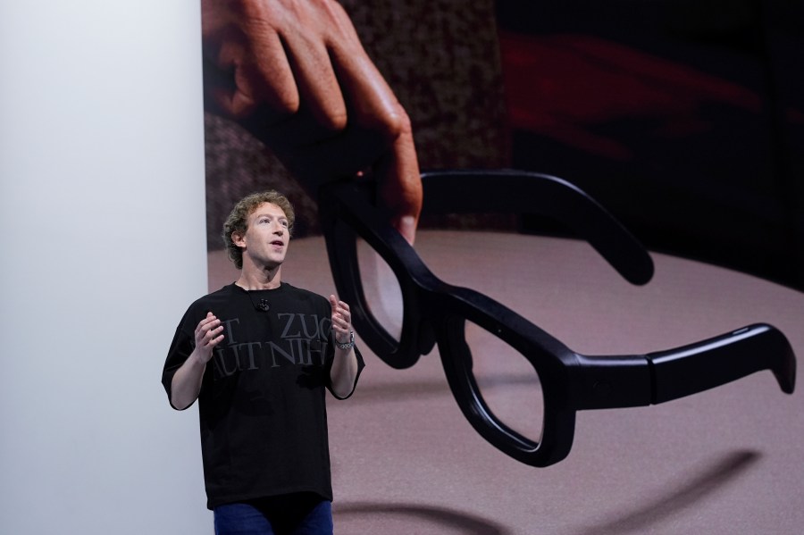 Mark Zuckerberg talks about the Orion AR glasses during the Meta Connect conference Wednesday, Sept. 25, 2024, in Menlo Park, Calif. (AP Photo/Godofredo A. Vásquez)