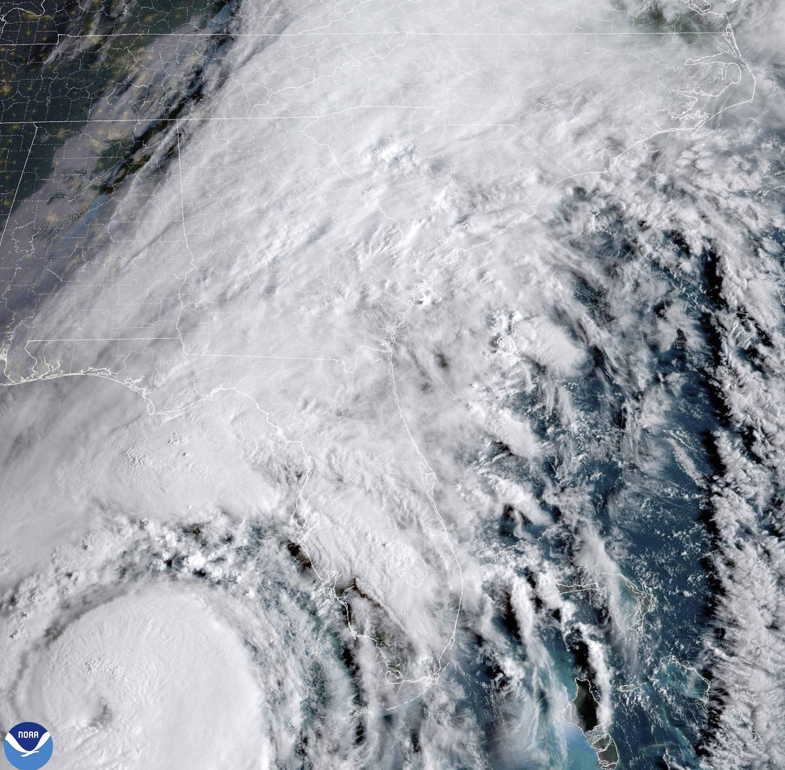 This satellite image provided by NOAA shows Hurricane Helene advancing across the Gulf of Mexico toward Florida on Thursday, Sept. 26, 2024. (NOAA via AP)